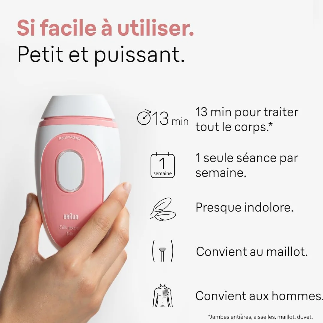 Braun Silk · Expert Mini PL1014, depilator światłem pulsującym, półtrwałe usuwanie włosów, alternatywa dla laserowej do 1 roku miękkiej skóry, kompaktowy format biało-różowy, z torbą podróżną