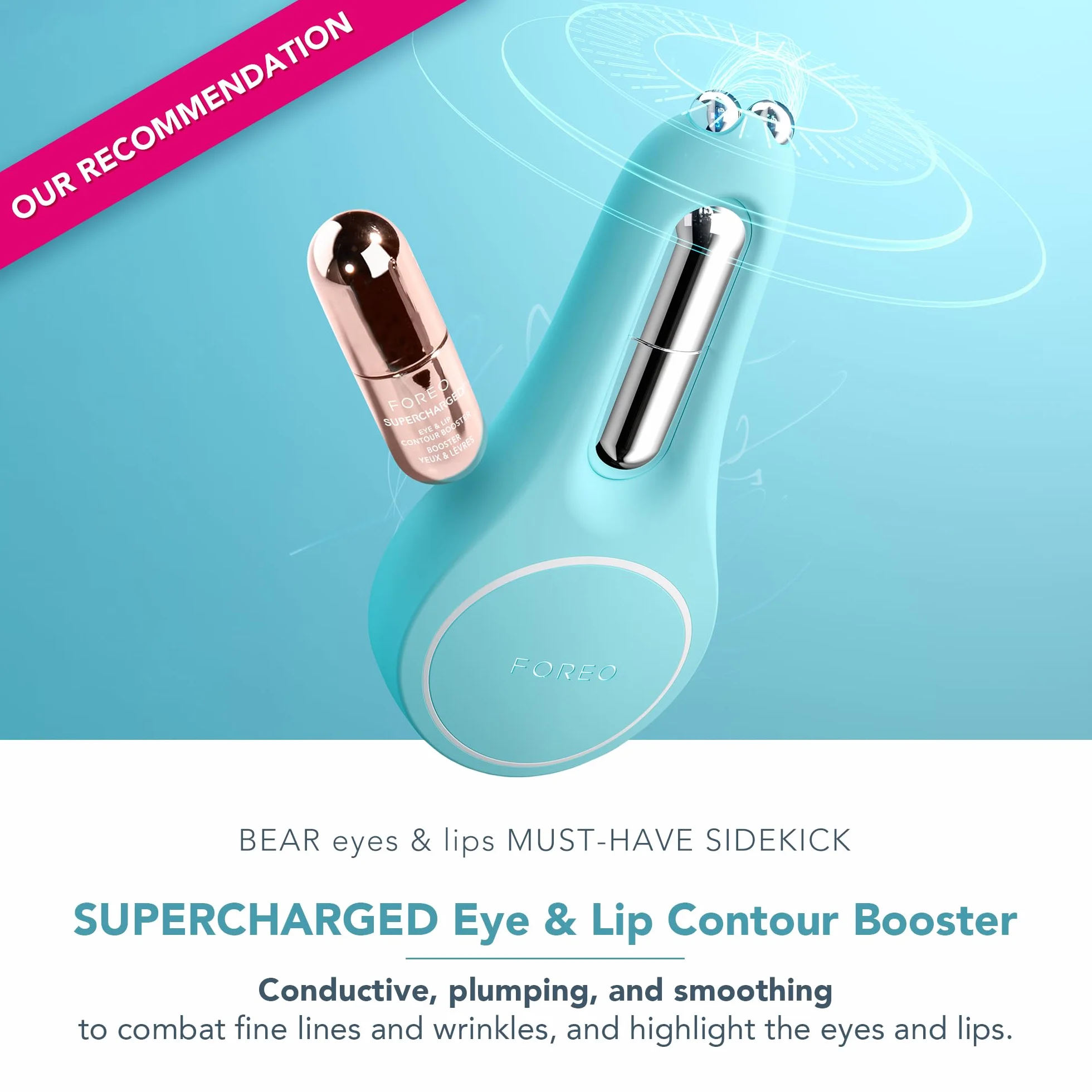 Foreo Bear 2 Eyes & Lips, mikroprądowe urządzenie przeciwzmarszczkowe, masażer oczu, podnoszenie brwi, powiększanie ust i cienie, niebieski Arctic Blue
