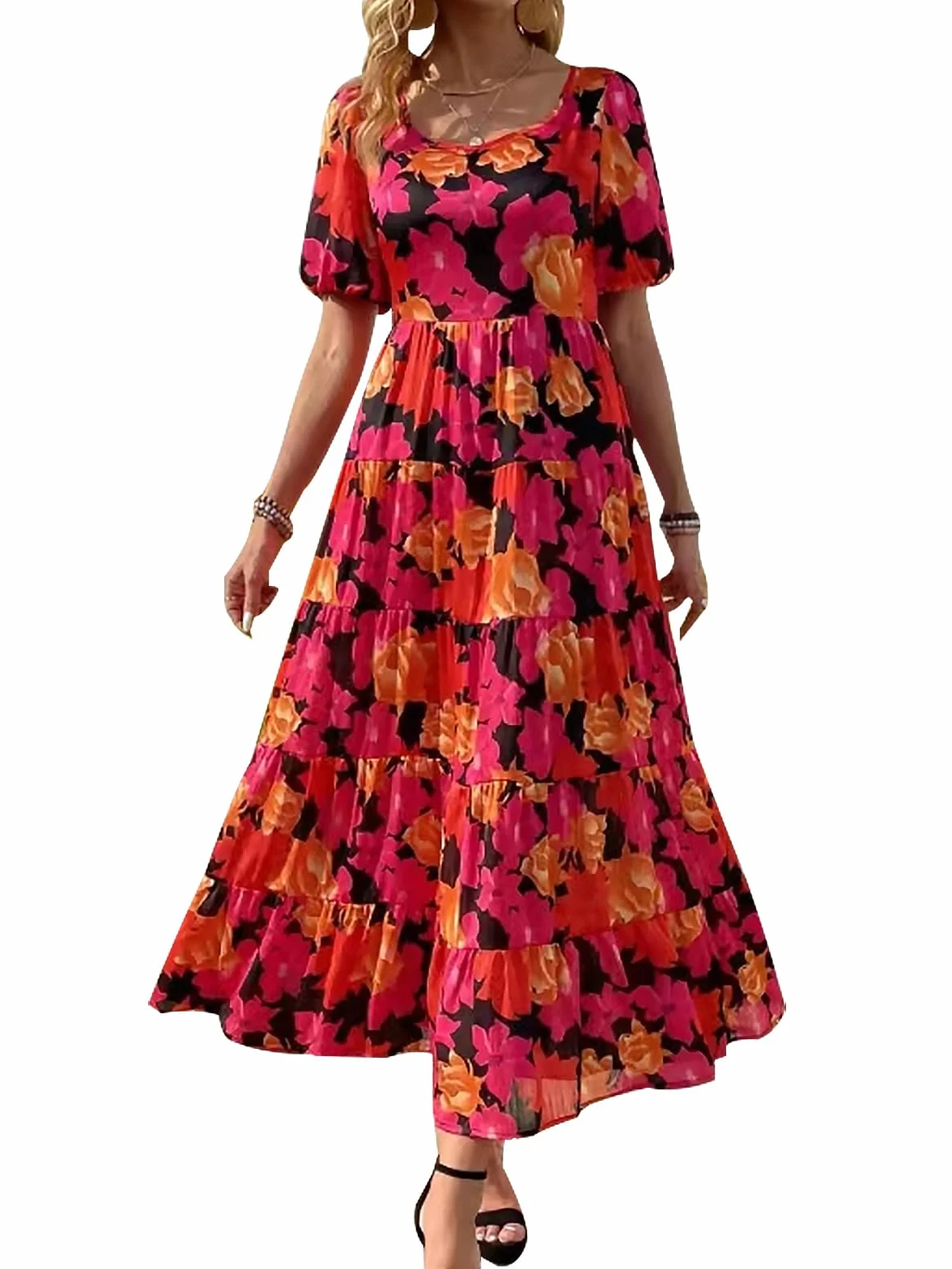 PRETTYGARDEN Nowoczesny Kobiety Puff Sleeve Floral Dress for Women