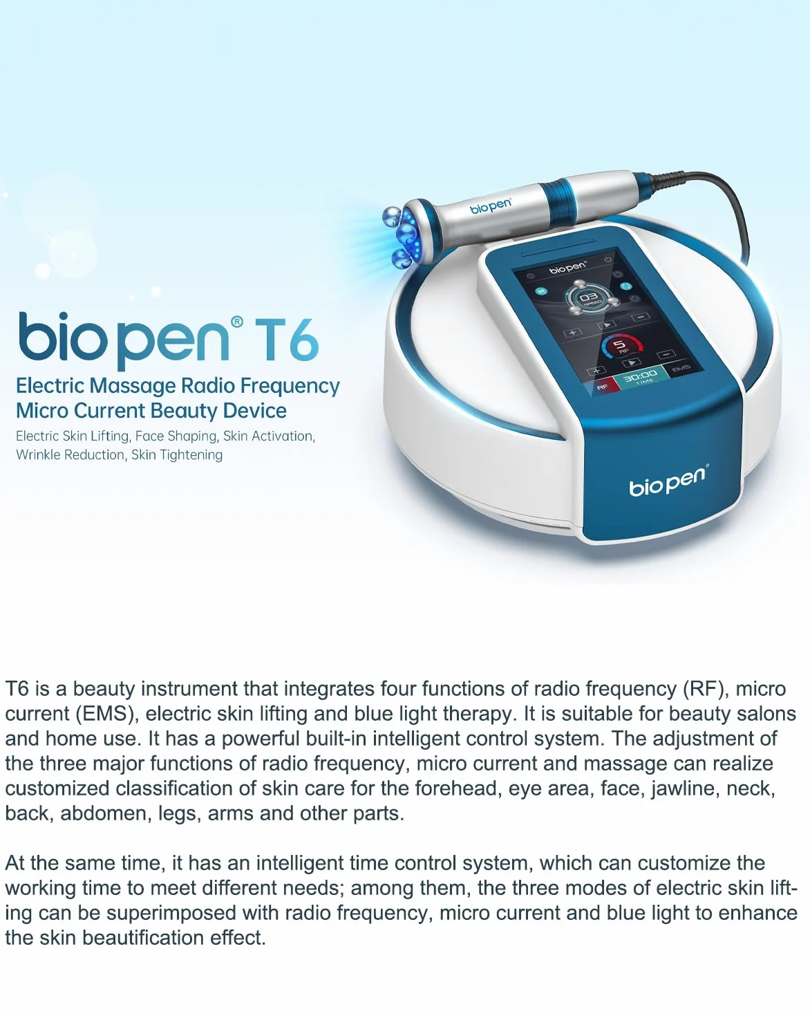 Bio pen T6 z technologią 360° RF – PROFI 4-w-1 urządzenie do urody do domu: RF + EMS przeciw starzeniu + Terapia światłem niebieskim (455 nm) przeciw trądzikowi + Obrotowa masażująca liftingująca I