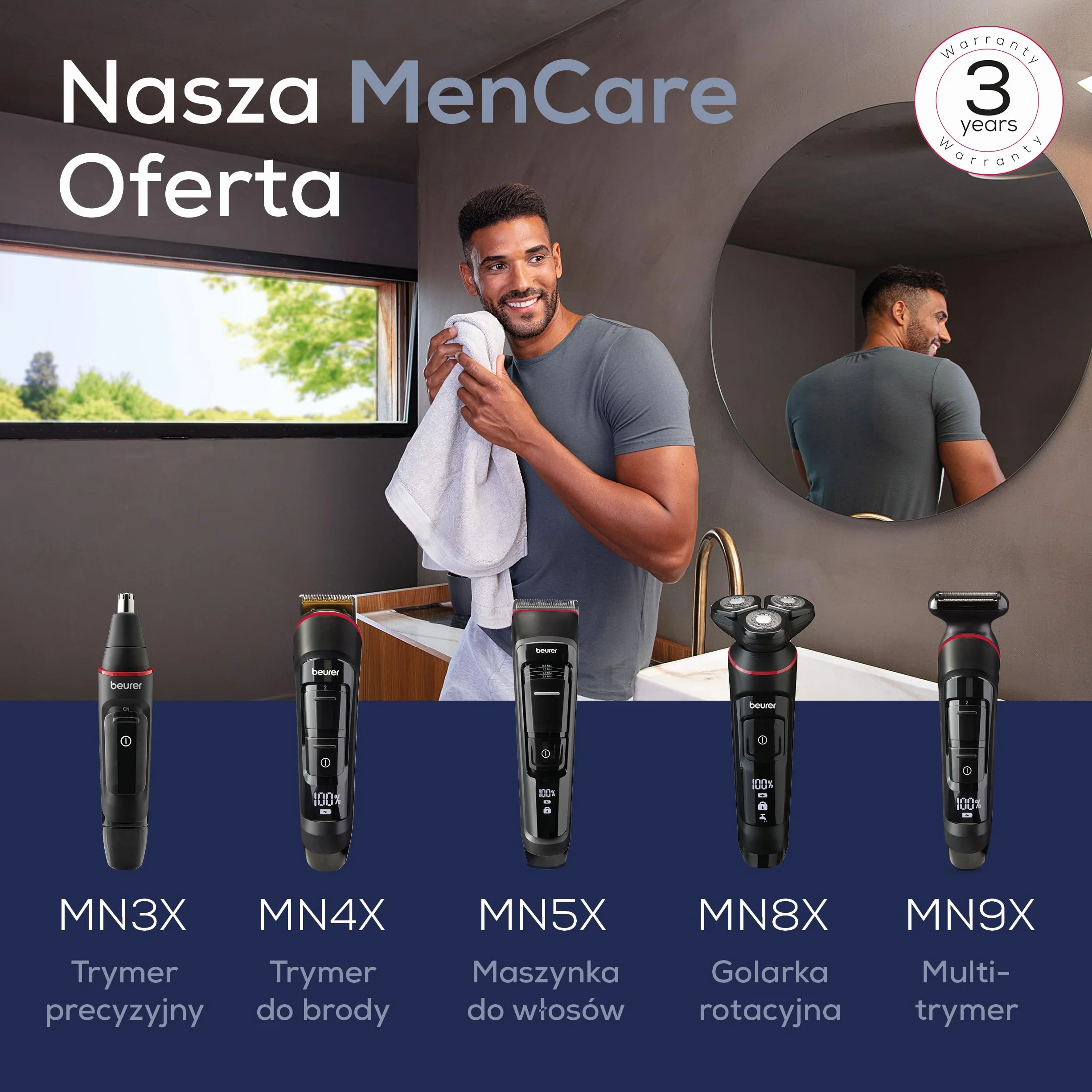 Beurer MN3X trymer precyzyjny, maszynka do strzyżenia włosów, 3 końcówki, wodoszczelny