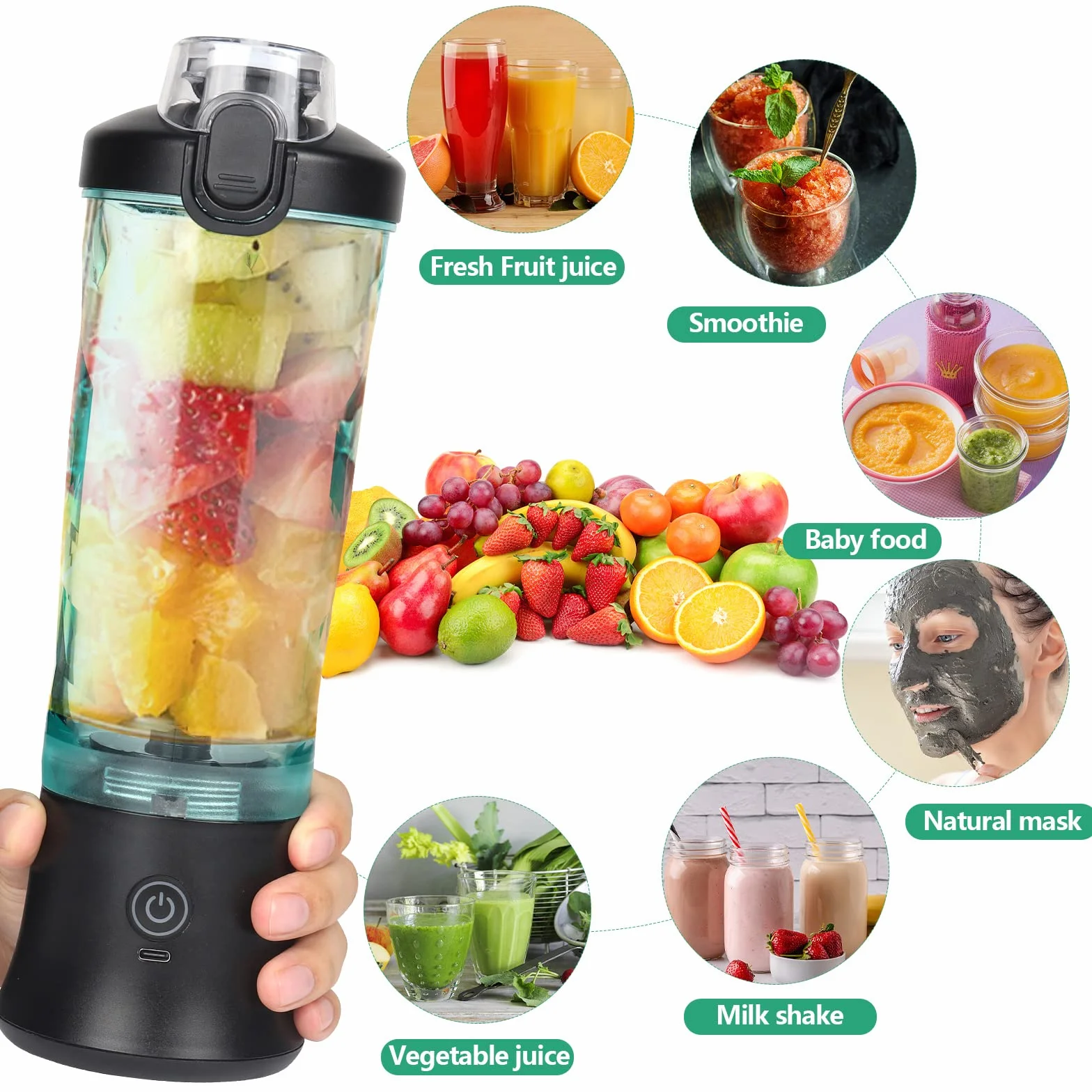 Dreamhigh® Blender Smoothie Maker, przenośny blender 600 ml do koktajli i koktajli z 6 ostrzami, mini blender 4000 mAh może wycisnąć 25 filiżanek soku do biura, na kemping i w podróż