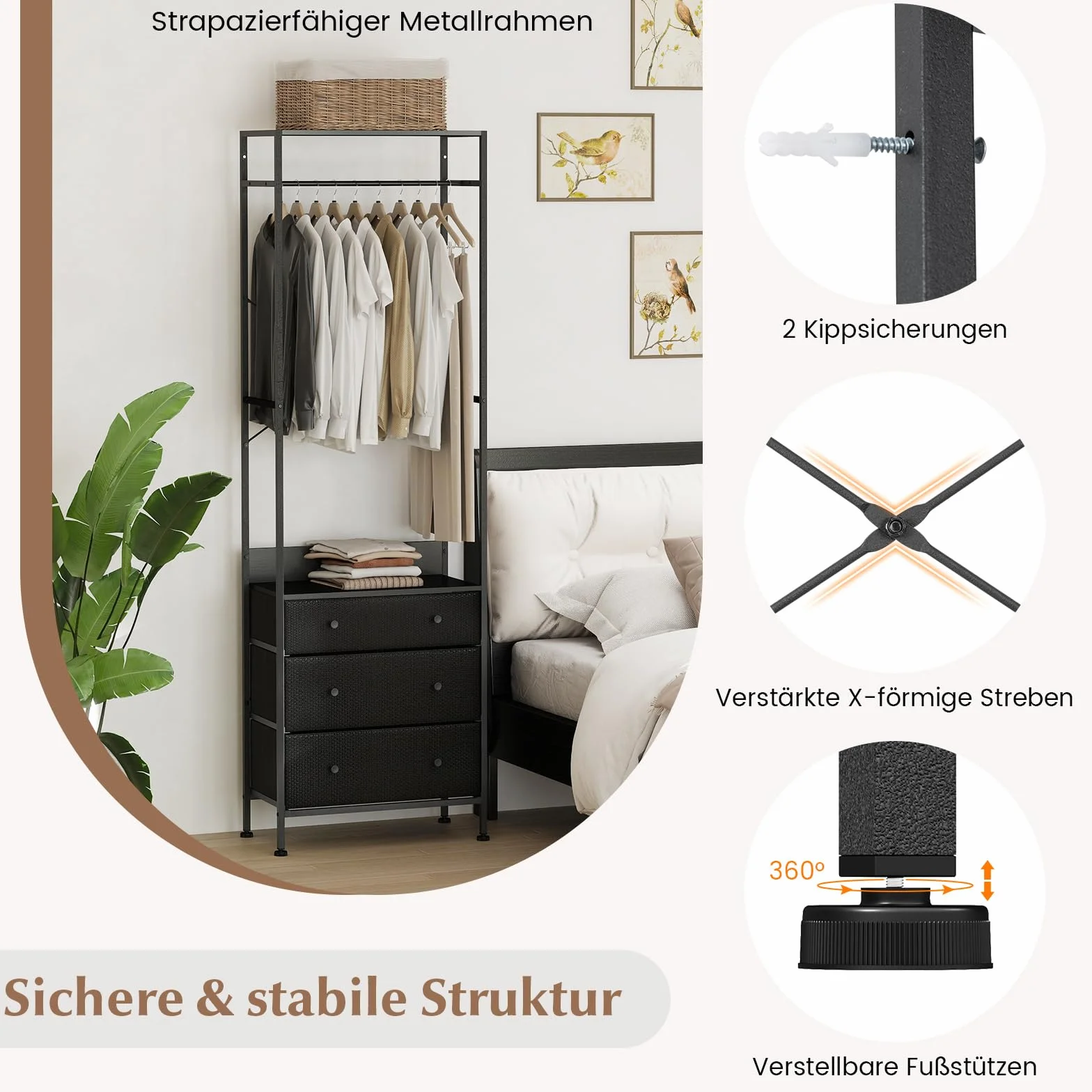 COSTWAY Wieszak garderobiany z 3 szufladami, wieszak na ubrania, wolnostojący, przemysłowy do przedpokoju i sypialni, 55 x 28 x 176 cm (czarny)