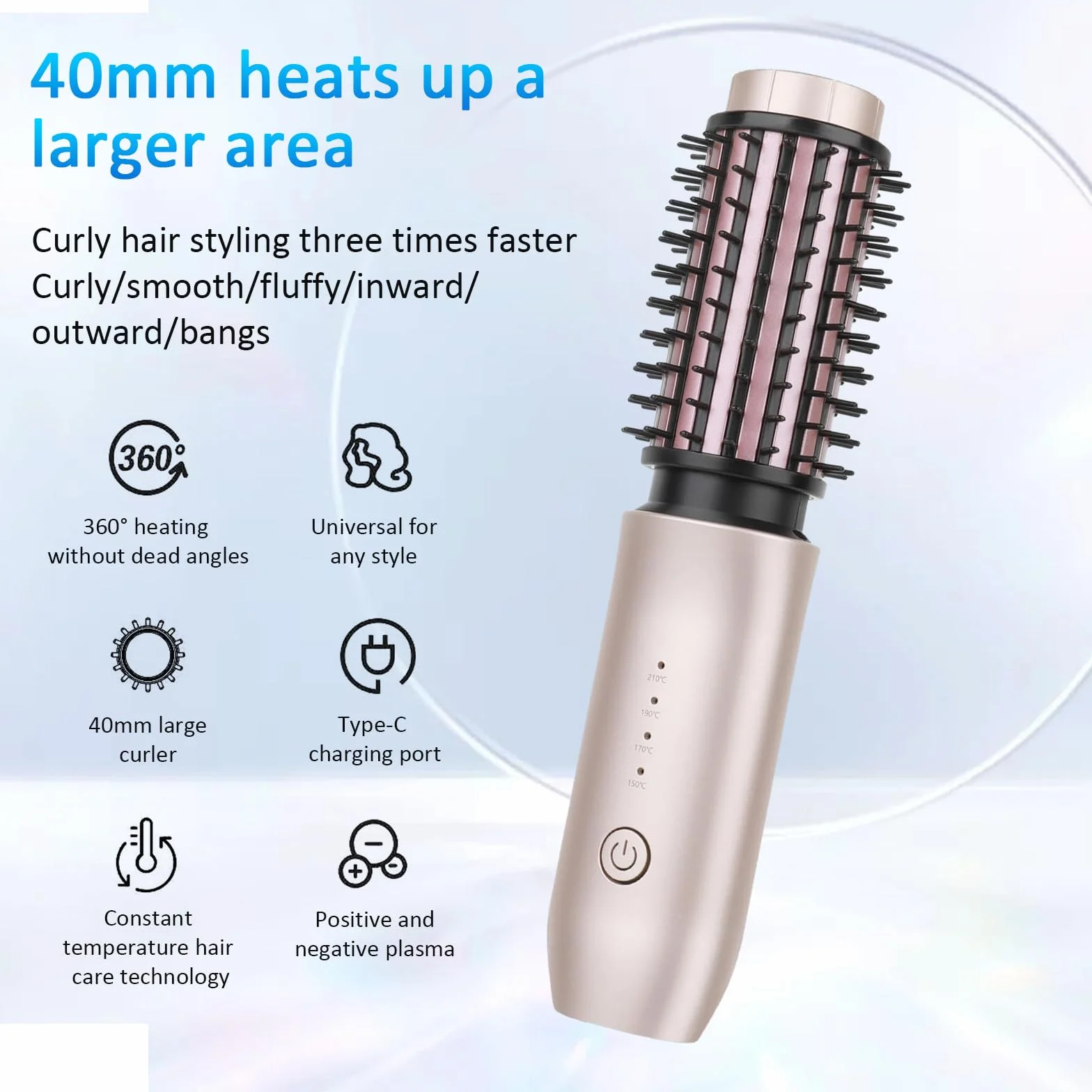 Bezprzewodowa szczotka do lokówki, bezprzewodowa lokówka 2 w 1 i szczotka do prostowania, 7000 mAh przenośna mini lokówka z ujemnym jonem, 150℃-210℃ (różowa)
