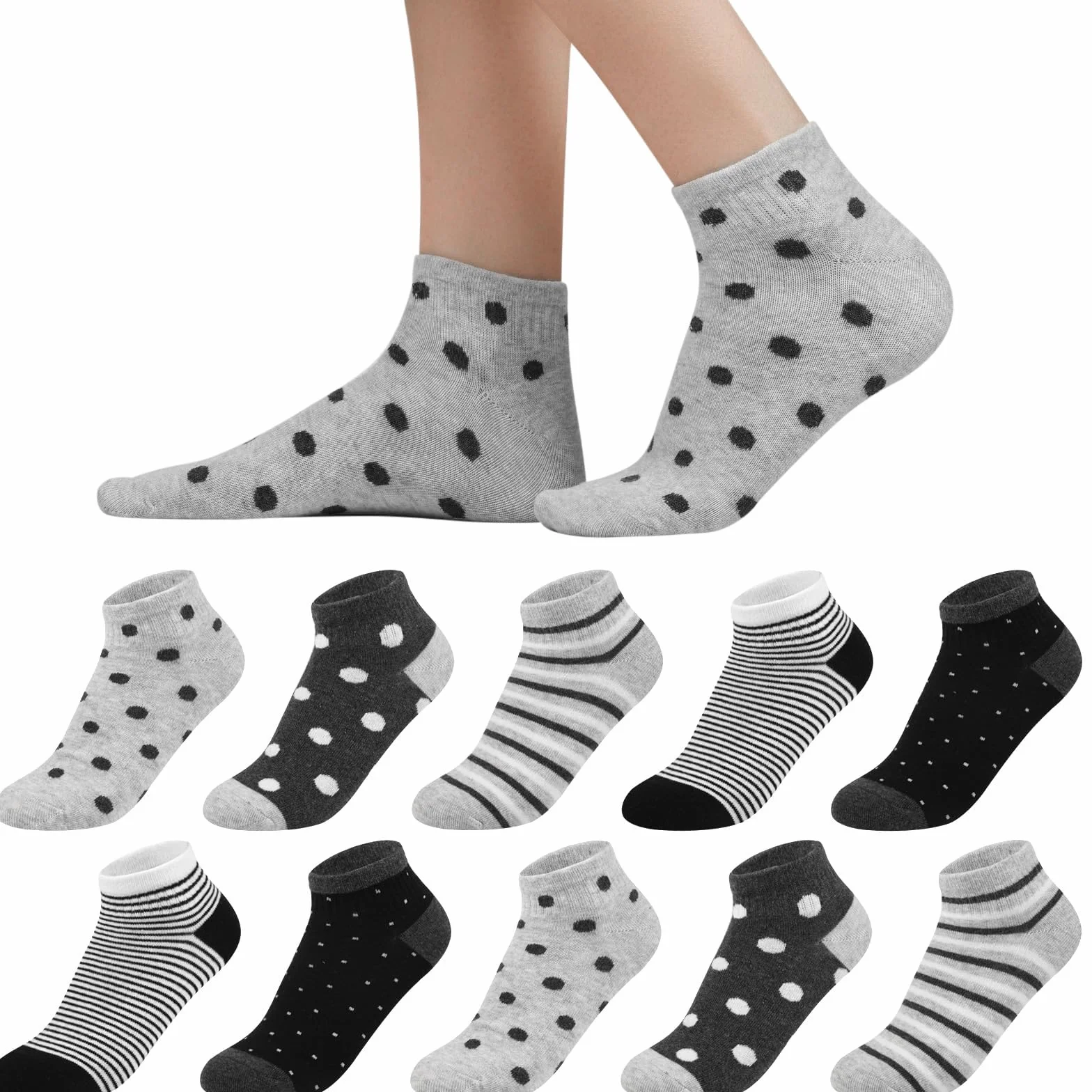 Skarpety do sneakersów damskie 35-38 39-42, bawełniane krótkie skarpety dziewczęce skarpetki, 10 par, wielokolorowe skarpety do sneakersów, kolorowe skarpety damskie z kropkami w paski, czarny zestaw, 39-42 EU