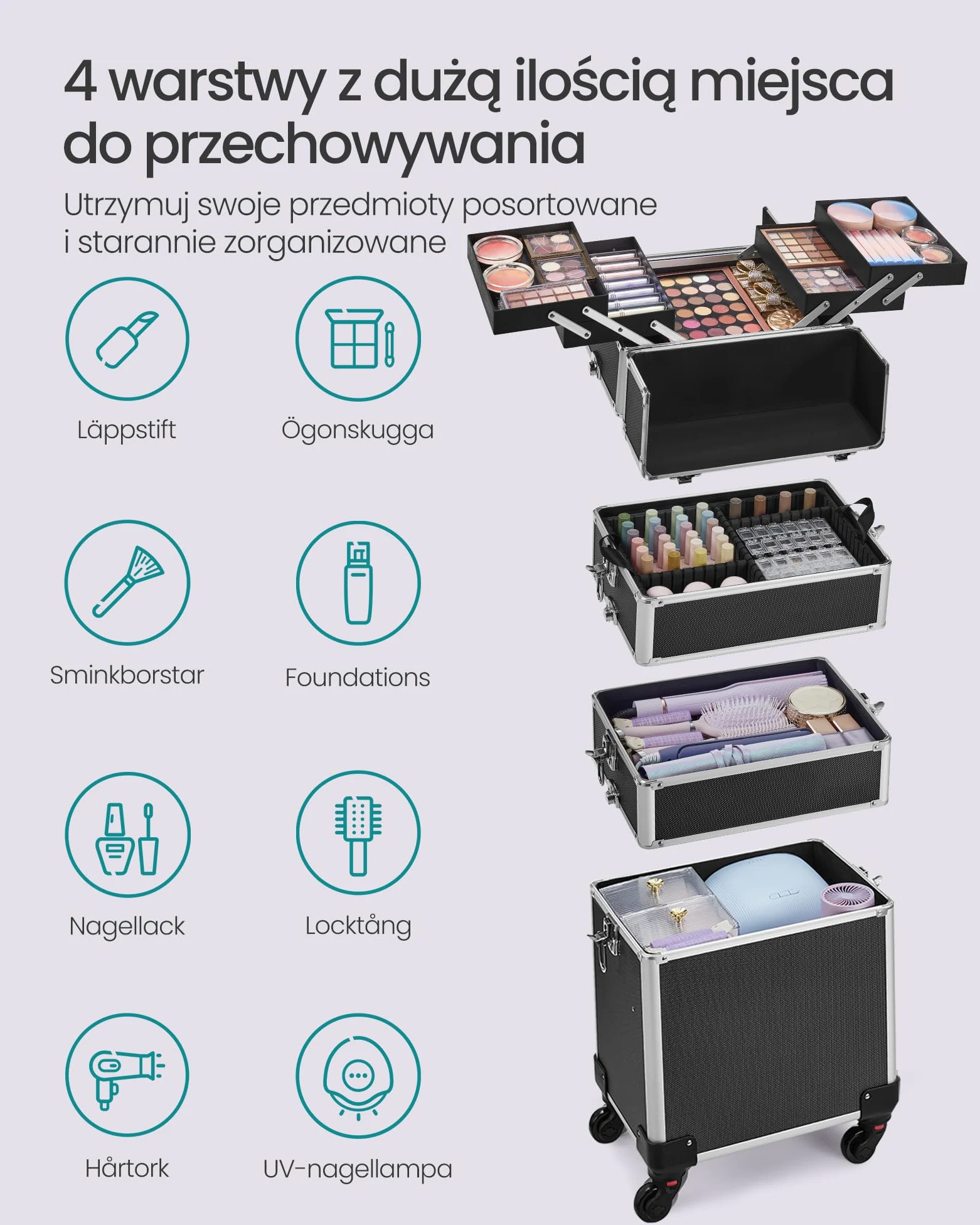 SONGMICS Walizka do makijażu, profesjonalna walizka do makijażu, walizka 4 w 1 do podróży, duży wózek dla fryzjerów, zamykana, z uniwersalnymi kółkami obracającymi się o 360°, czarna JHZ11BK