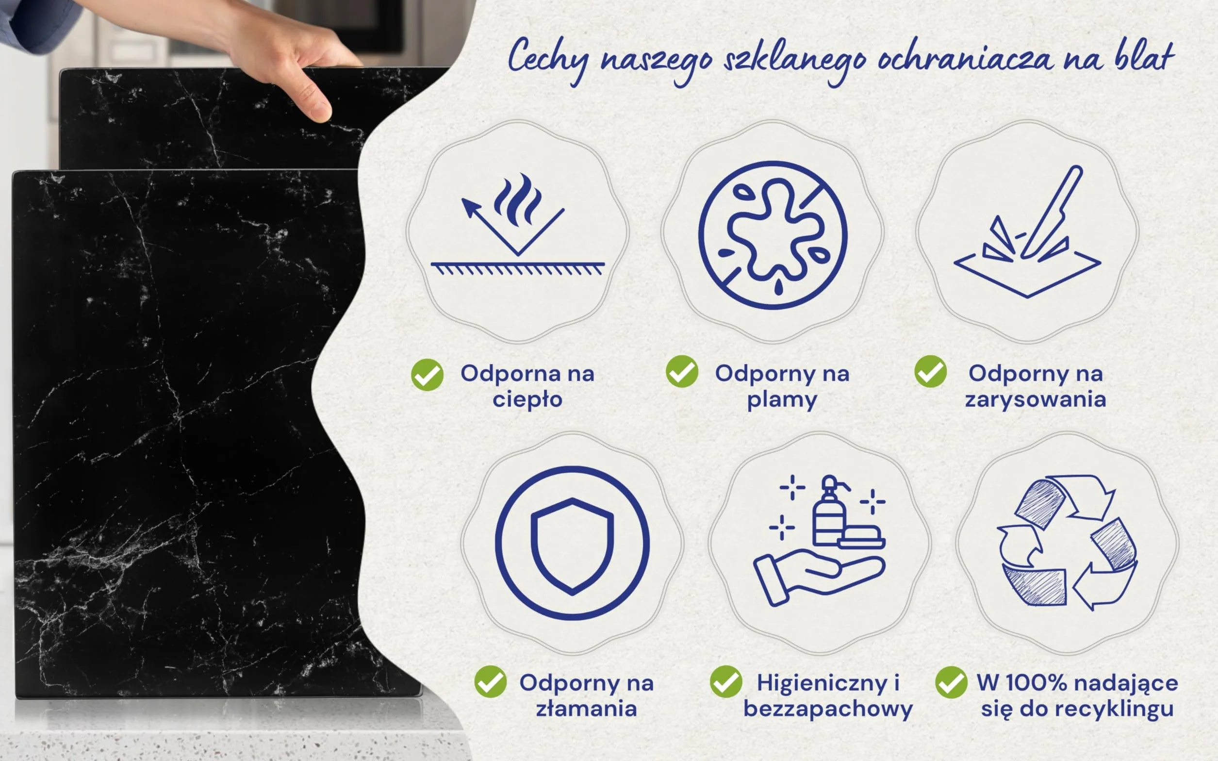 Kitchenville Szklana Deska do Krojenia 40×30 cm – Trwała i Higieniczna, z Hartowanego Szkła – Odporna na Ciepło, Ochrona Blatu Kuchennego – Marmur Czarny