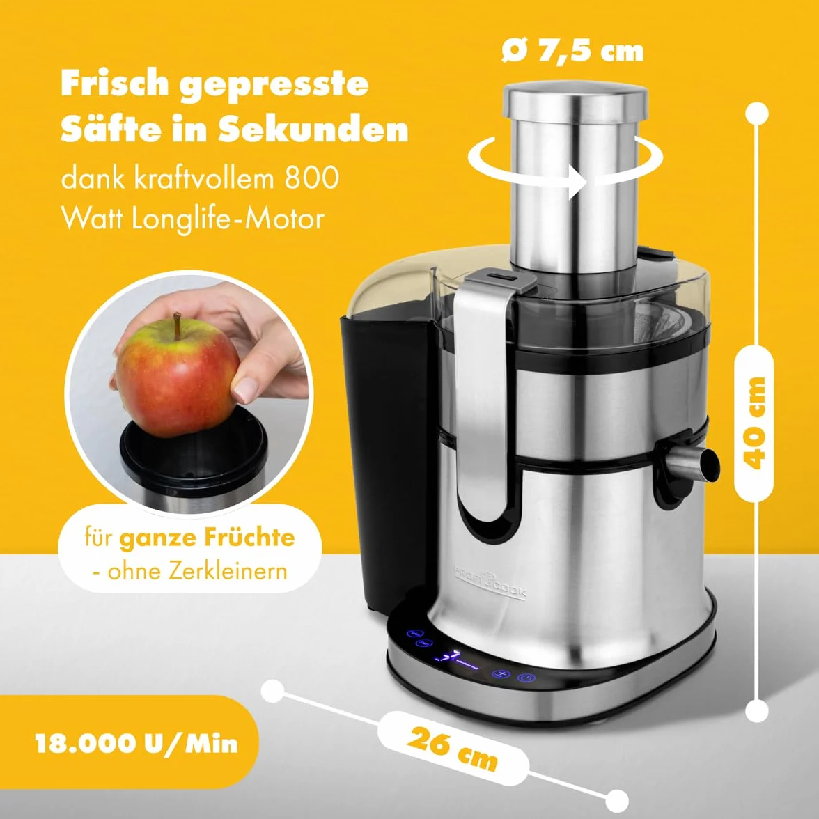 Profi Cook PC-AE 1156 - Profesjonalna sokowirówka - Wyświetlacz LED - 800 W - Kolor srebrny i czarny