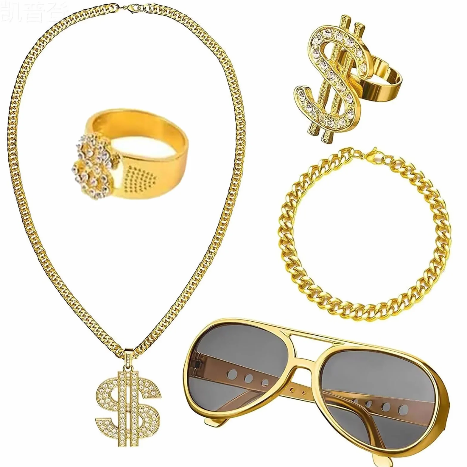 5 szt. Kostium Hip Hop, Naszyjnik ze znakiem dolarowym, kostium rapera, fałszywy złoty łańcuszek, dolar naszyjnik, okulary ze znakiem funta, okulary dolarowe, fantazyjna sukienka dla raperów
