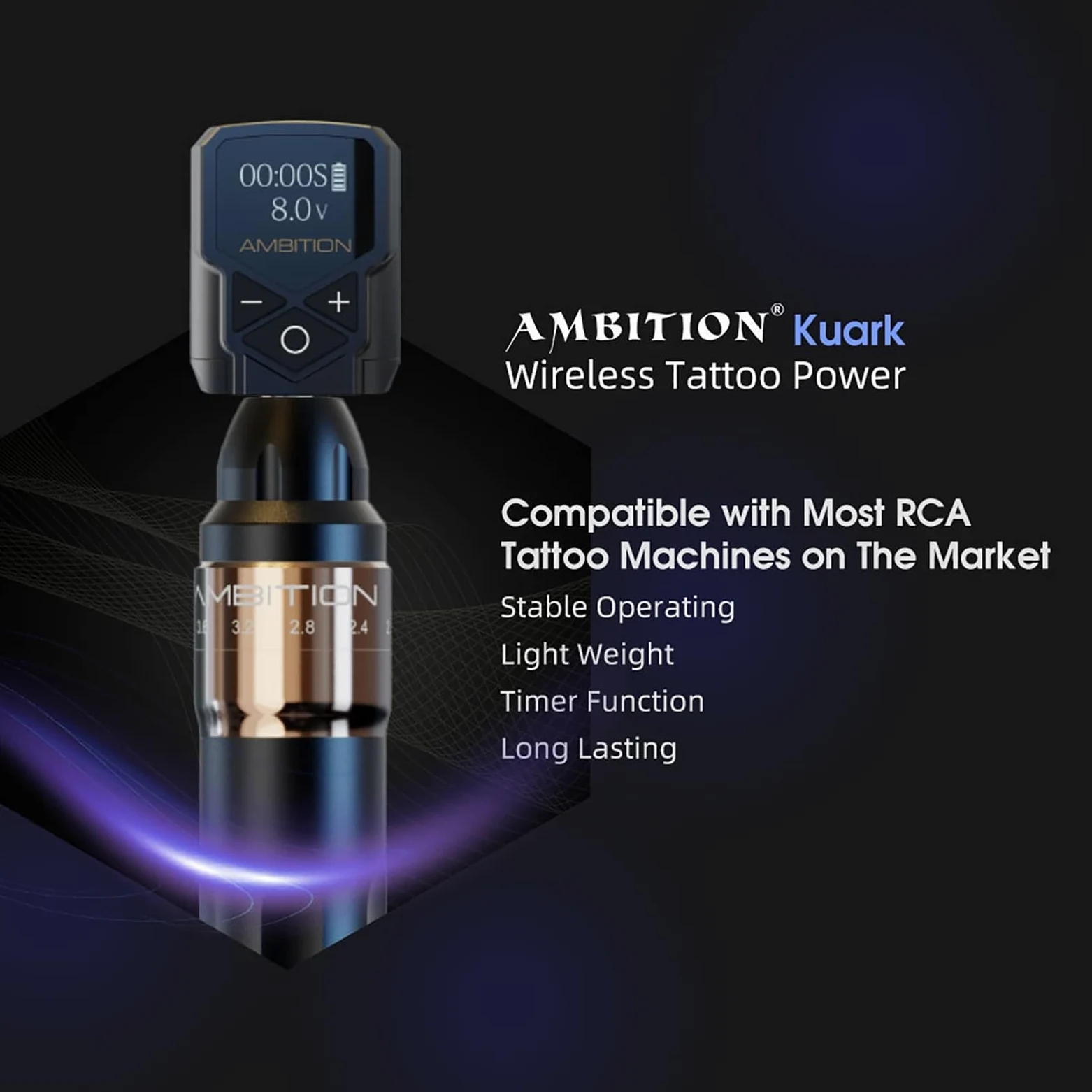 Zasilacz do tatuażu - Ambition Kuark Mini Bezprzewodowy przenośny akumulator litowy RCA Tattoo 1800 mAh z cyfrowym wyświetlaczem LED do rotacyjnej maszynki do tatuażu