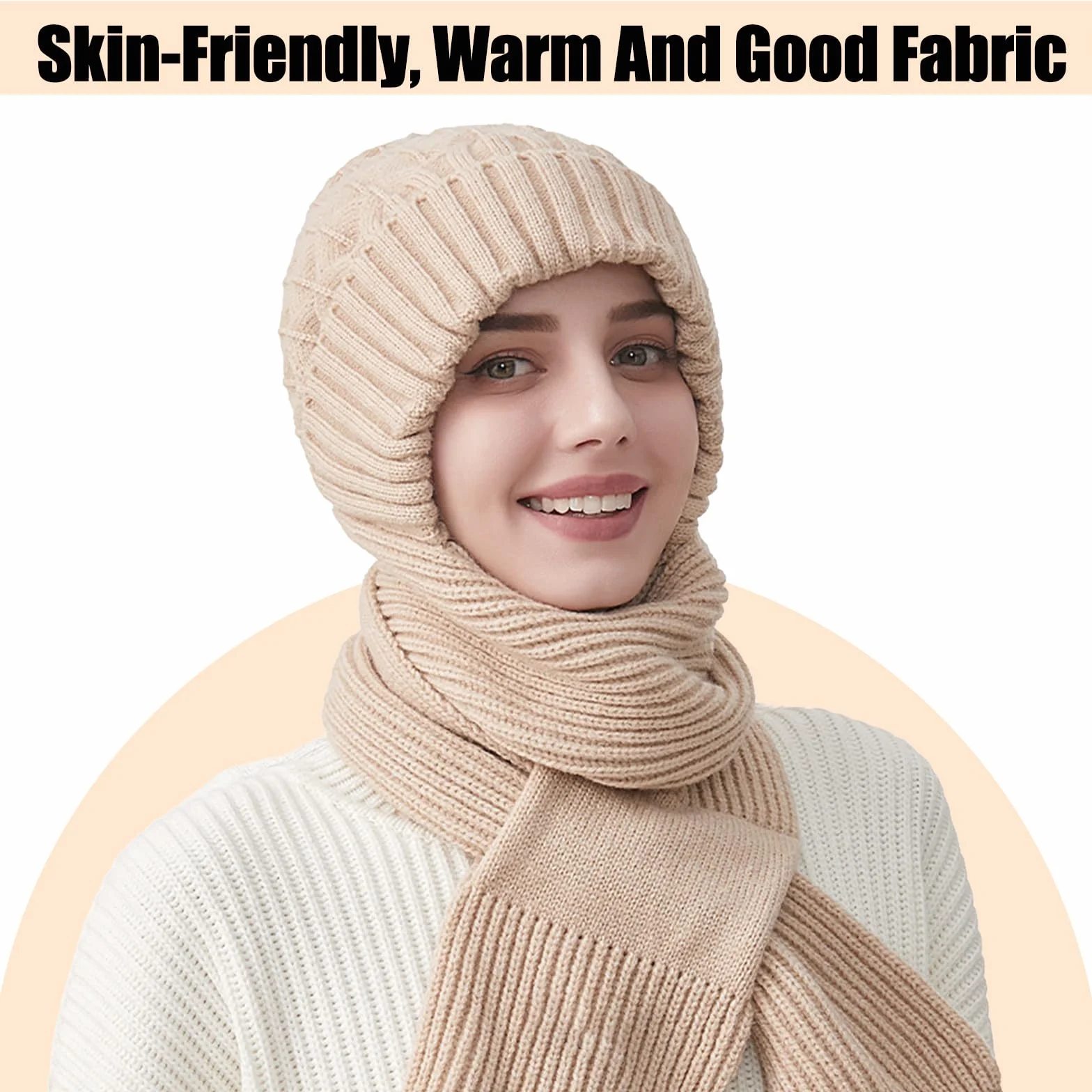 JSTHHTT Zimowe rękawiczki damskie z czapką i szalikiem, dzianinowa czapka typu beanie pętla, elastyczna czapka z szalikiem dla kobiet, zimowa ciepła dzianinowa czapka, ciepła pluszowa podszewka,