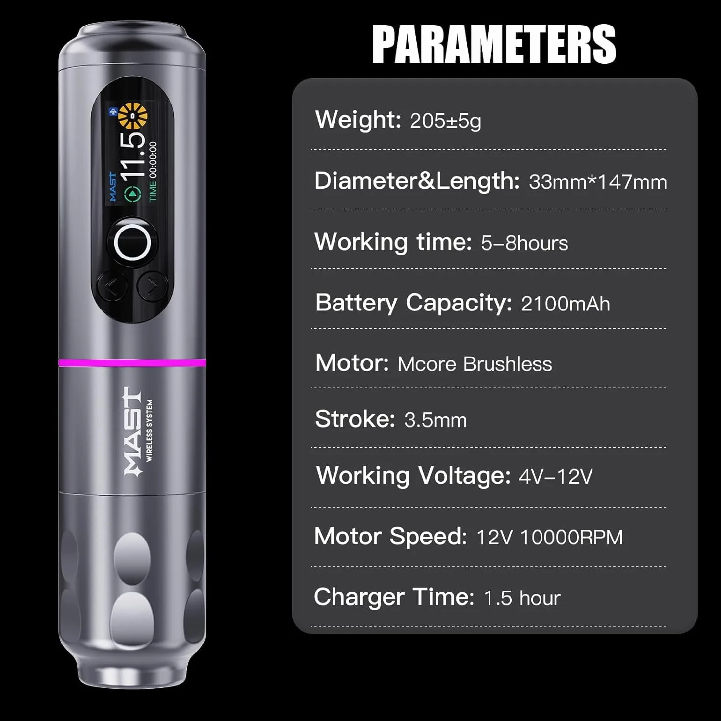 Mast Archer2 Wireless Tattoo Kit Rotary Pen Machine, Brushless Motor by Mcore, Smart Screen & 2000mAh Battery 3.5mm Stroke Length Wireless Foot Pedal