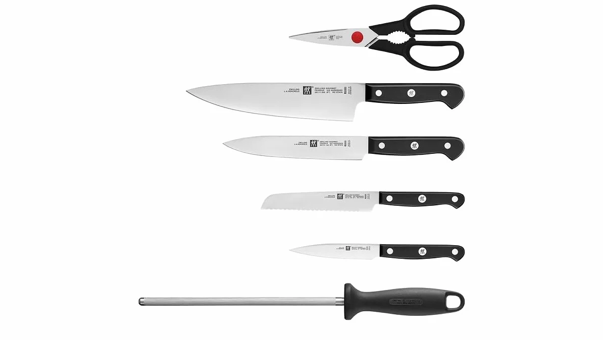 ZWILLING Gourmet 7-częściowy zestaw noży (nóż, ostrzałka, nożyczki i blok), specjalna stal nierdzewna, ergonomiczny uchwyt z tworzywa sztucznego, czarny – Made in Germany