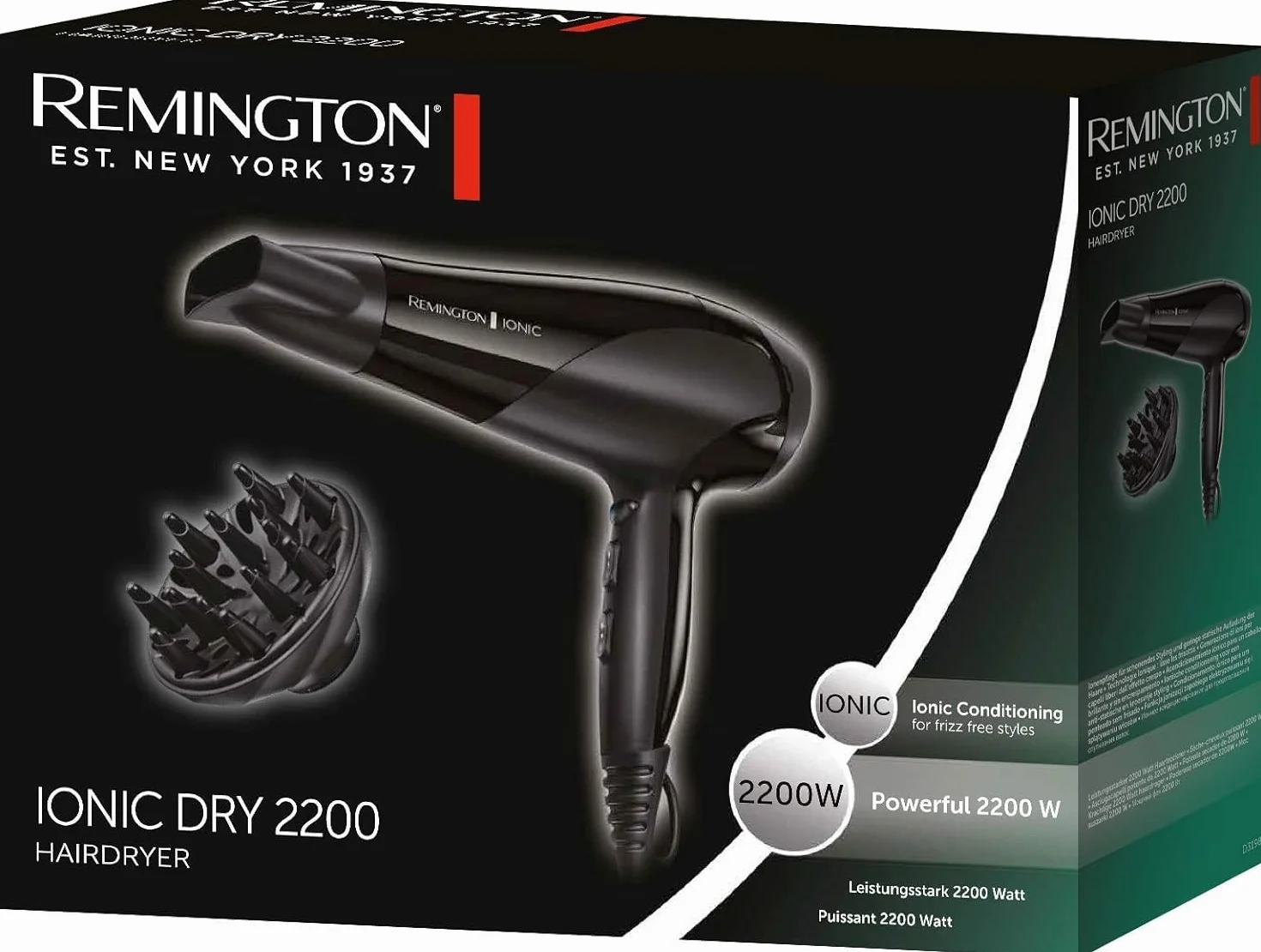 Remington suszarka do włosów z jonizacją, 3 ust. nagrzewania i 2 ust. nawiewu, koncentrator i dyfuzor, zimny nawiew, pierścień ceramiczny, moc 2200W, czarna, Ionic Dry D3198