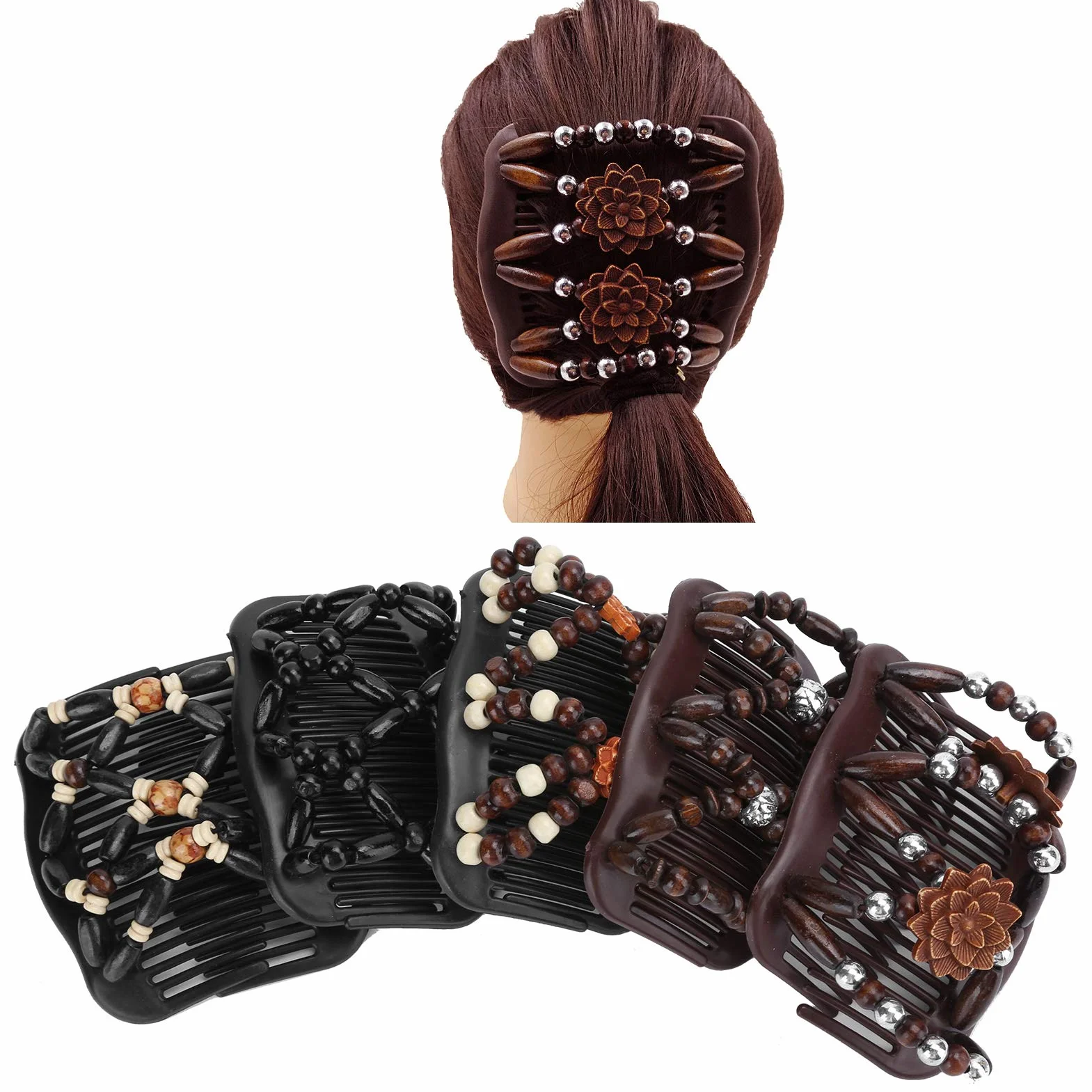5 szt. podwójne spinki do włosów, Magic Hair Comb, podwójny grzebień do włosów, drewniane koraliki podwójny grzebień do włosów elastyczny klips damskie akcesoria do włosów, narzędzia do stylizacji