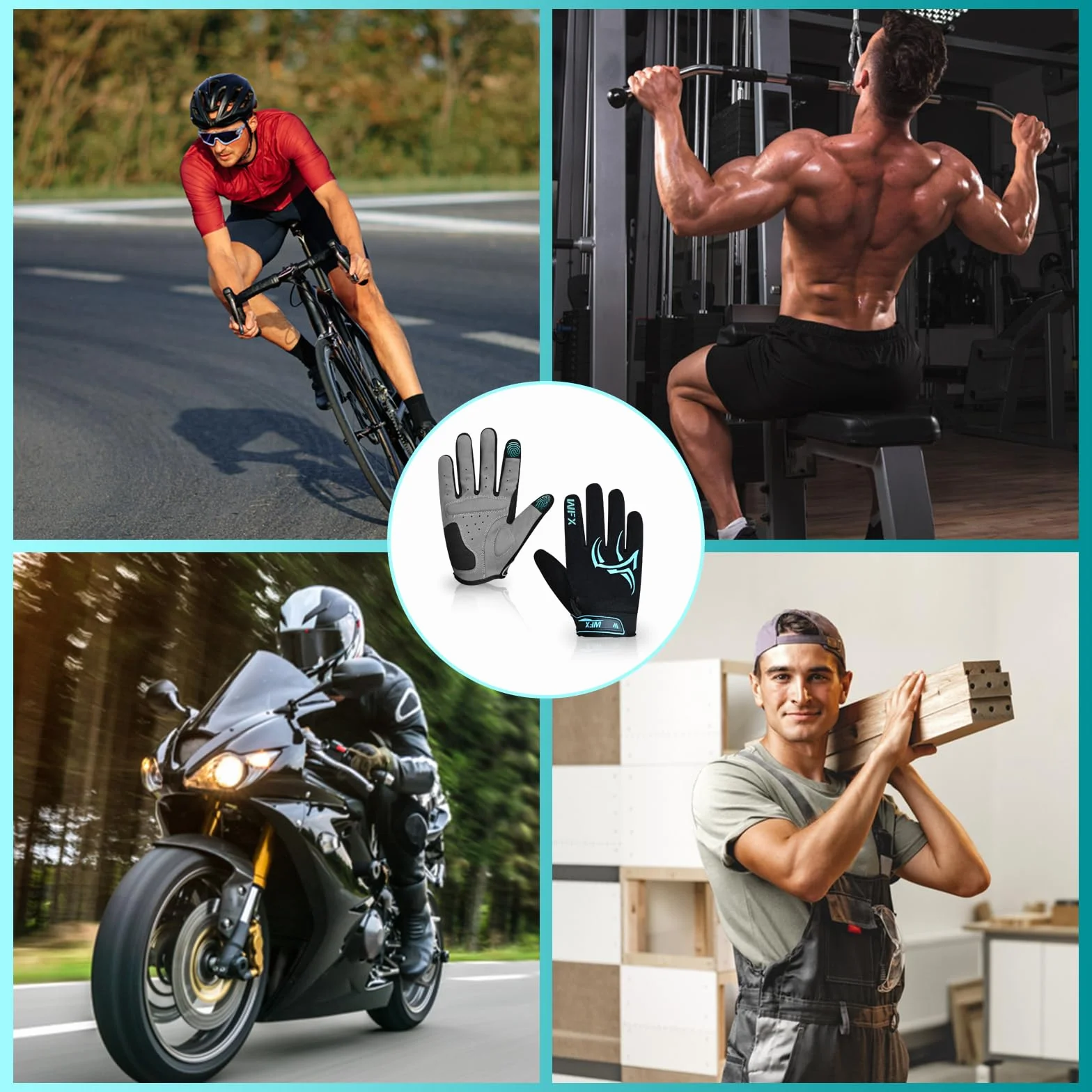 WFX Rękawiczki rowerowe z pełnymi palcami dla mężczyzn i kobiet, do ekranów dotykowych, MTB, szosowego, BMX i motocykla, oddychające, antypoślizgowe, wyściełane, do jazdy konnej, fitnessu i sportów na