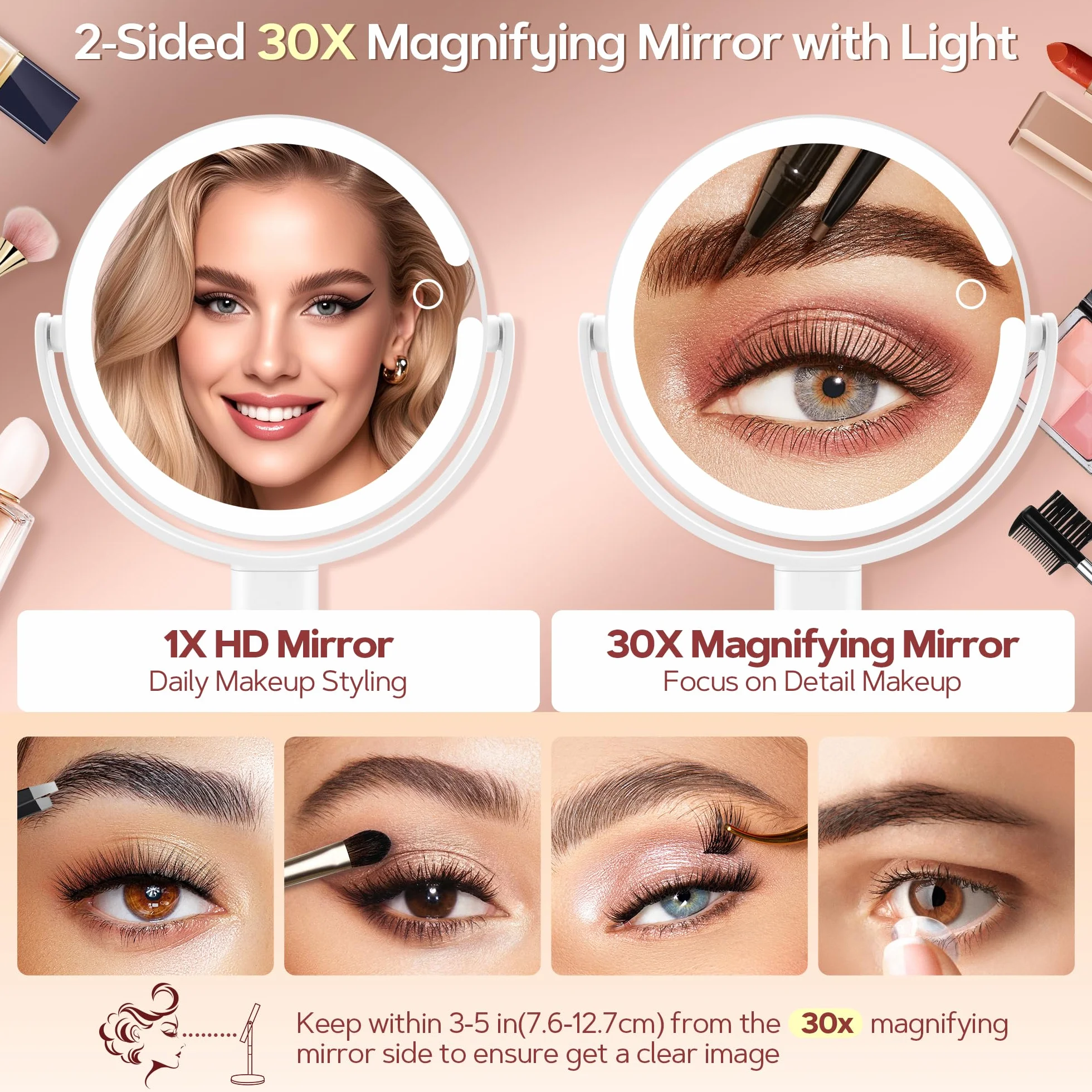 Beauty Planet Podświetlane lusterko do makijażu 20x powiększenie 3 kolory LED ściemniane regulacja wysokości