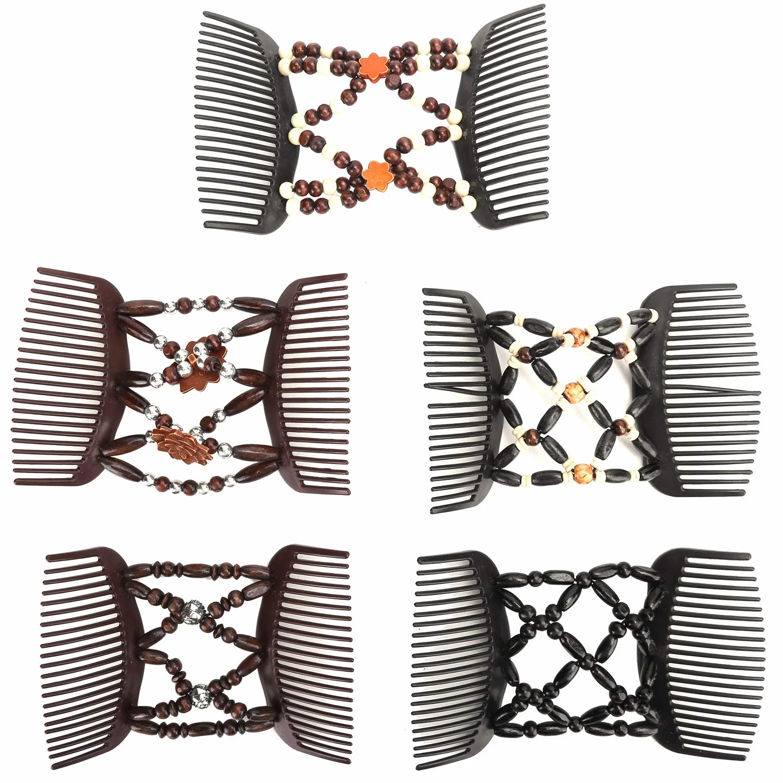 5 szt. podwójne spinki do włosów, Magic Hair Comb, podwójny grzebień do włosów, drewniane koraliki podwójny grzebień do włosów elastyczny klips damskie akcesoria do włosów, narzędzia do stylizacji