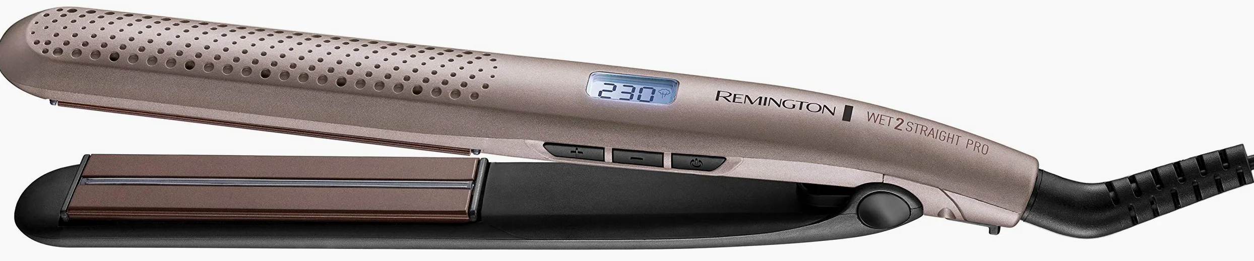 Remington prostownica do włosów, na suche i mokre włosy, otwory odparowują nadmiar wody, czujnik wilgoci, zakres temp 150-230°C, obrotowy przewód, etui, brązowa, Wet2Straight PRO S7970