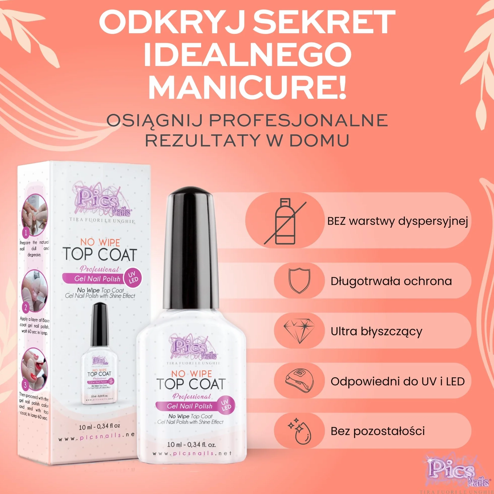 Żelowy lakier do paznokci Top Coat No Wipe 10 ml UV LED przezroczysty uszczelniacz połysk