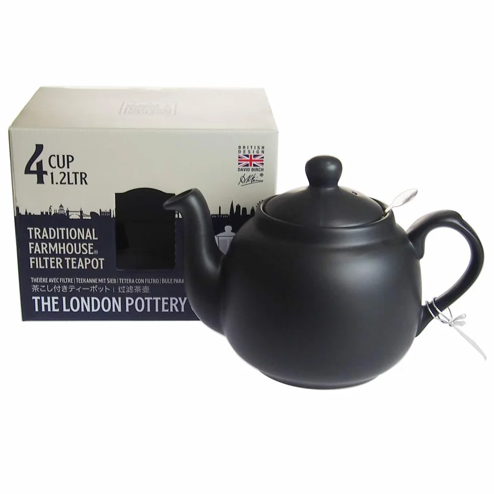 London Pottery 73280 wiejski czajniczek z luźnymi liśćmi z zaparzaczem, ceramiczny, czarny matowy, 4 filiżanki (1,2 l)