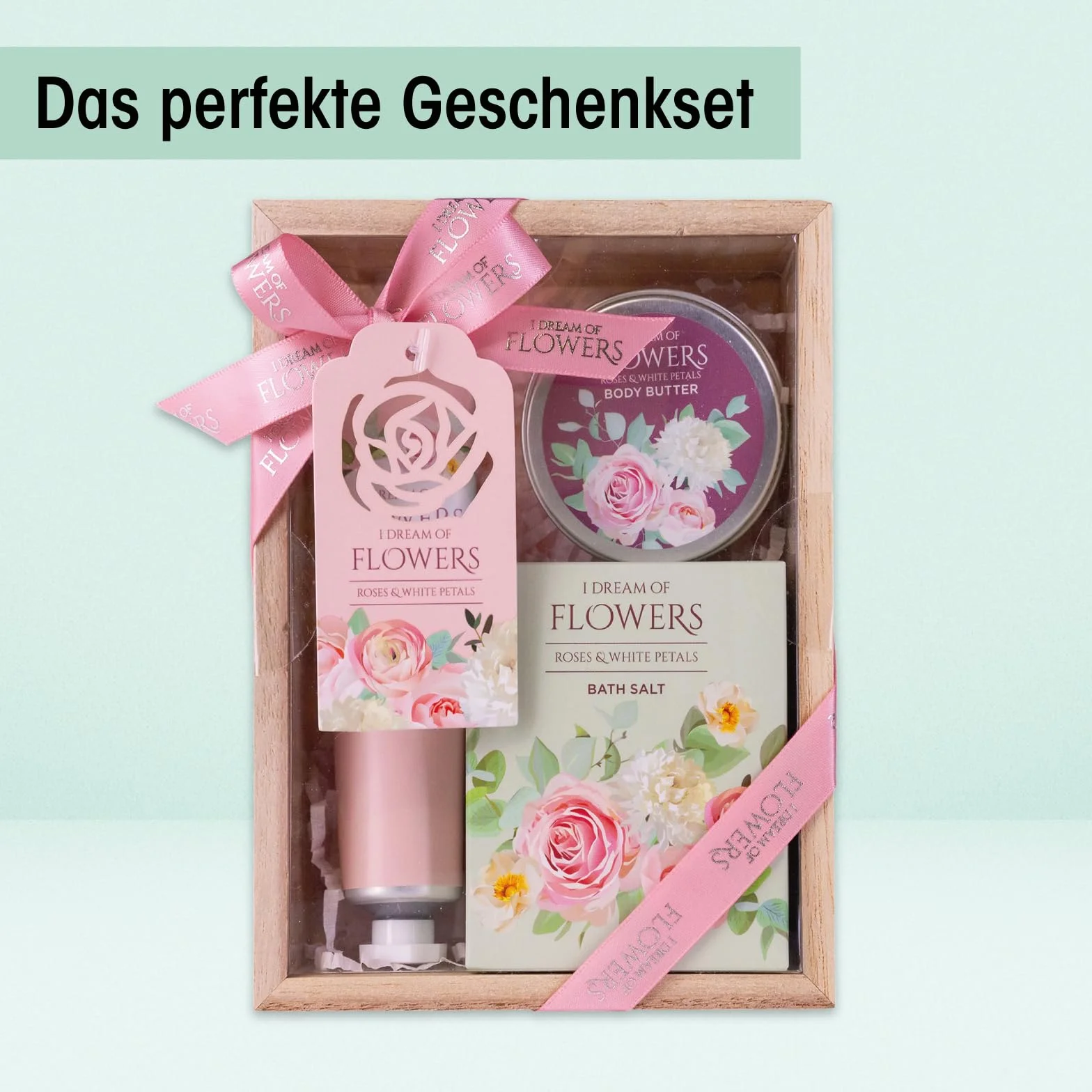 Accentra – Zestaw do kąpieli dla kobiet, zestaw upominkowy I DREAM OF FLOWERS w pięknym pudełku prezentowym – 3-częściowy zestaw do pielęgnacji z kremem do rąk, masłem do ciała i solą do kąpieli –
