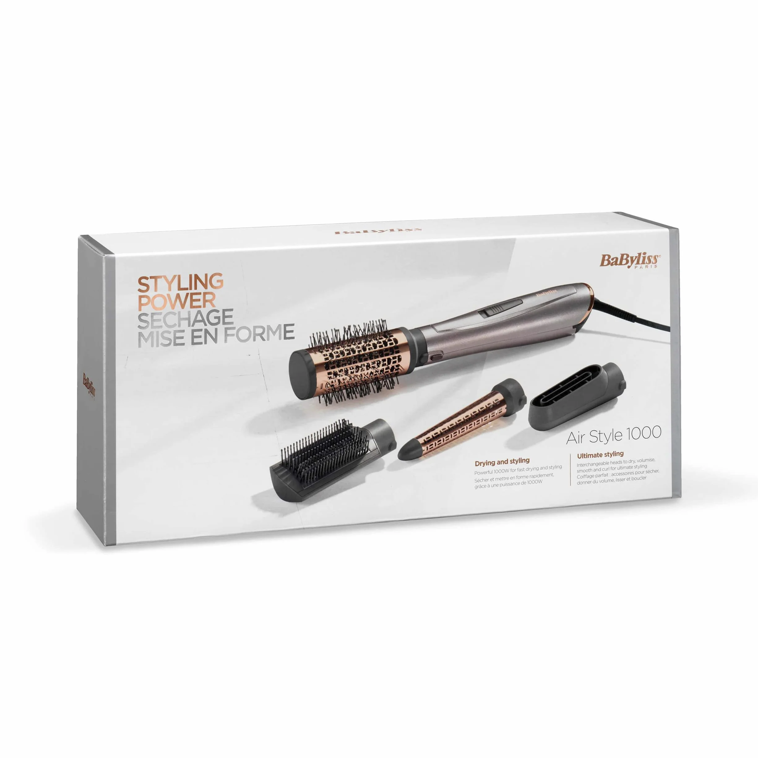 BaByliss Air Styler 1000W - wielofunkcyjna suszarka do włosów, nadająca objętość i lokówka, zaawansowany system jonizacji, kręcenia włosów, 4 nakładki, miedziano-szary, AS136E