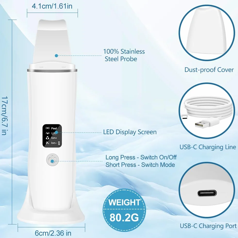 ACWOO ultradźwiękowa szpatułka do usuwania zaskórników, 4 tryby, ładowana USB, oczyszczacz porów twarzy