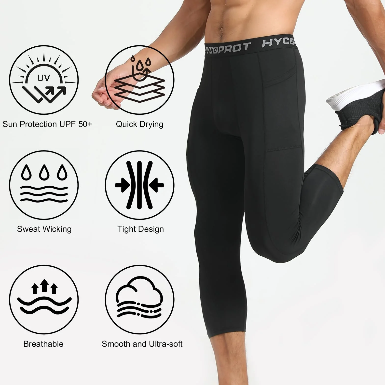 HYCOPROT Męskie Spodnie Kompresyjne 3/4 z Kieszeniami Bieganie Trening Sportowy Rajstopy Capri Legginsy Base Layer Koszykówka Siłownia