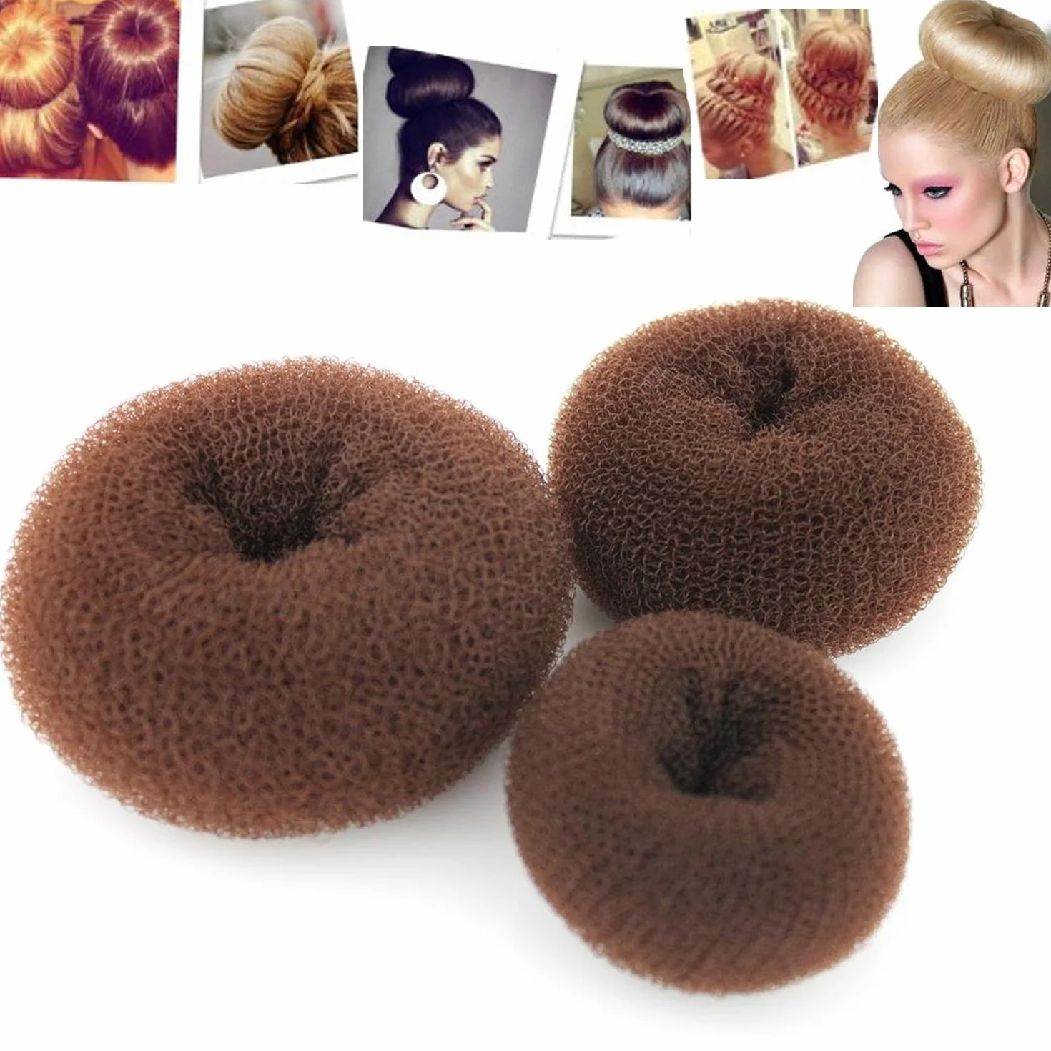 Zestaw 3 koron do koka do włosów "Donut" Brown - 1 mała (średnica 6 cm) + 1 średnia (8 cm) + 1 duża (10 cm) + 10 gumek + 10 sztuk