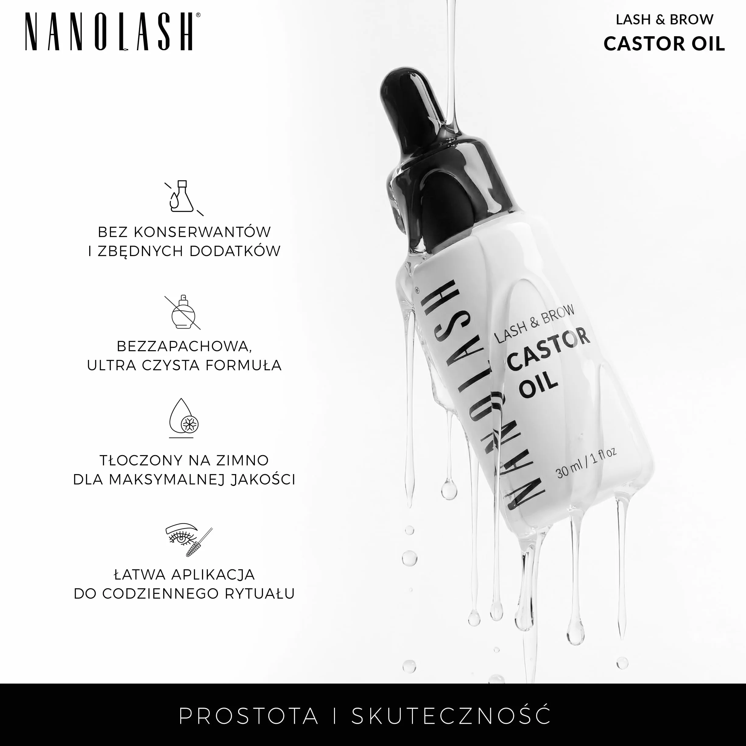 Olejek rycynowy Nanolash 30 ml - 100% naturalny, zimnotłoczony i nierafinowany olejek do rzęs i brwi, przyśpiesza wzrost rzęs, olej rycynowy z aplikatorem