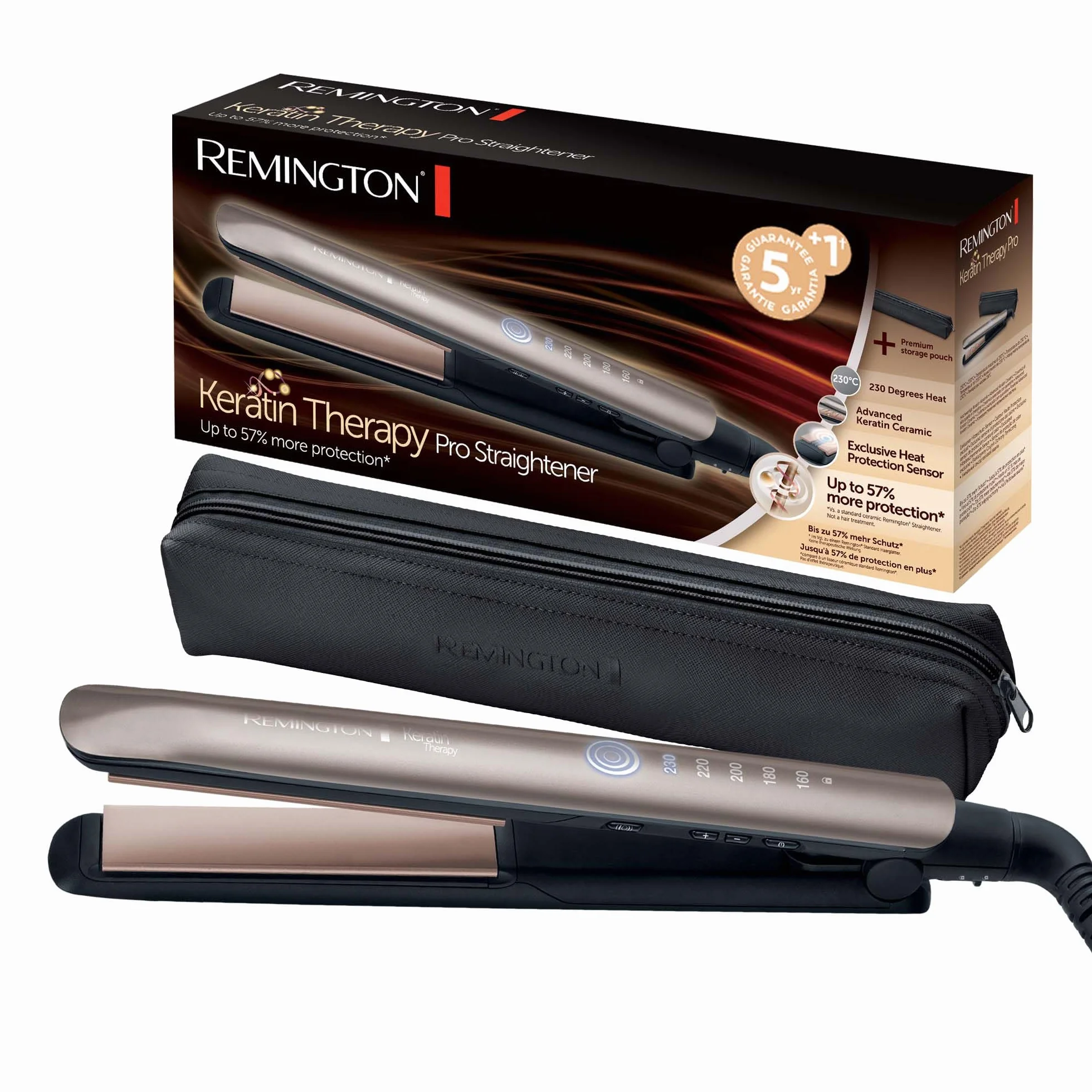 Remington prostownica do włosów, ceramiczna z keratyną, czujnik wykrywa poziom nawilżenia i dostosowuje temperaturę, zakres temp. 160-230°C, ruchome płytki, etui, brązowa, Keratin Therapy S8593