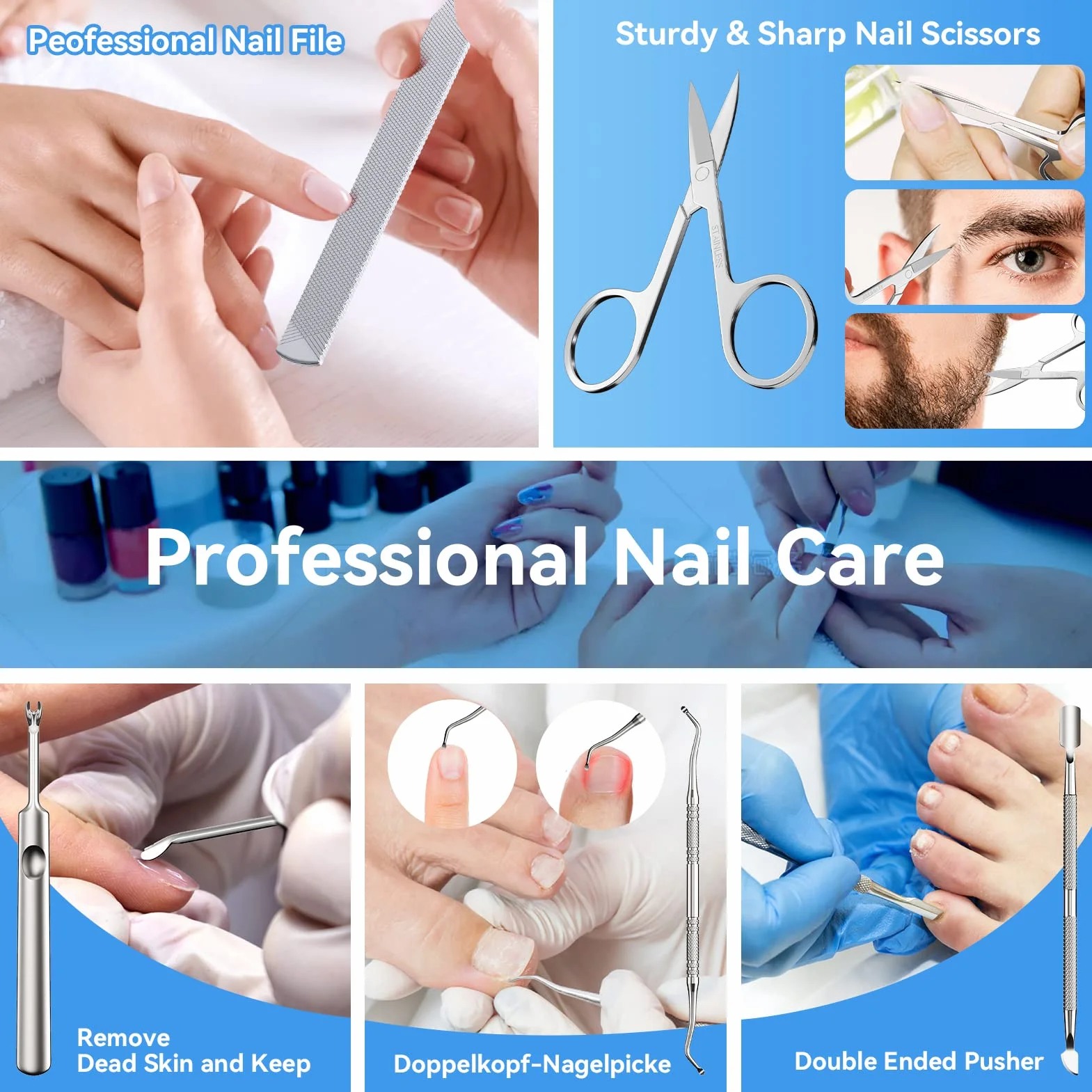 INXEN Profesjonalny Cążki do Paznokci Manicure Zestaw do Paznokci Obcinacz do Paznokci Grubych lub Wrastających Paznokci,7 Sztuk Zestawy do Manicure Pedicure dla Mężczyzn Kobiet z Nożyczki do Paznokci