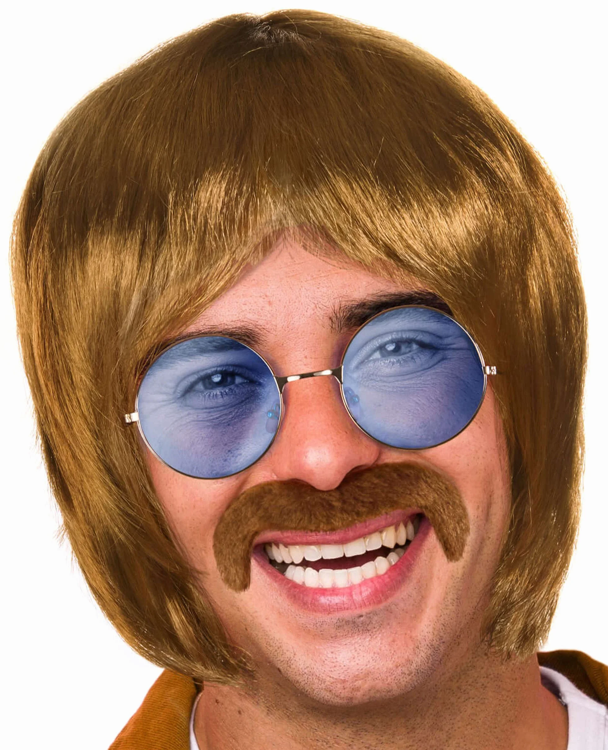 Zestaw hippie z peruk + okrge okulary przeciwsoneczne z niebieskimi soczewkami + wsy w stylu lat 60. i 70. dla mczyzn i kobiet Karnawa lub na festiwalach