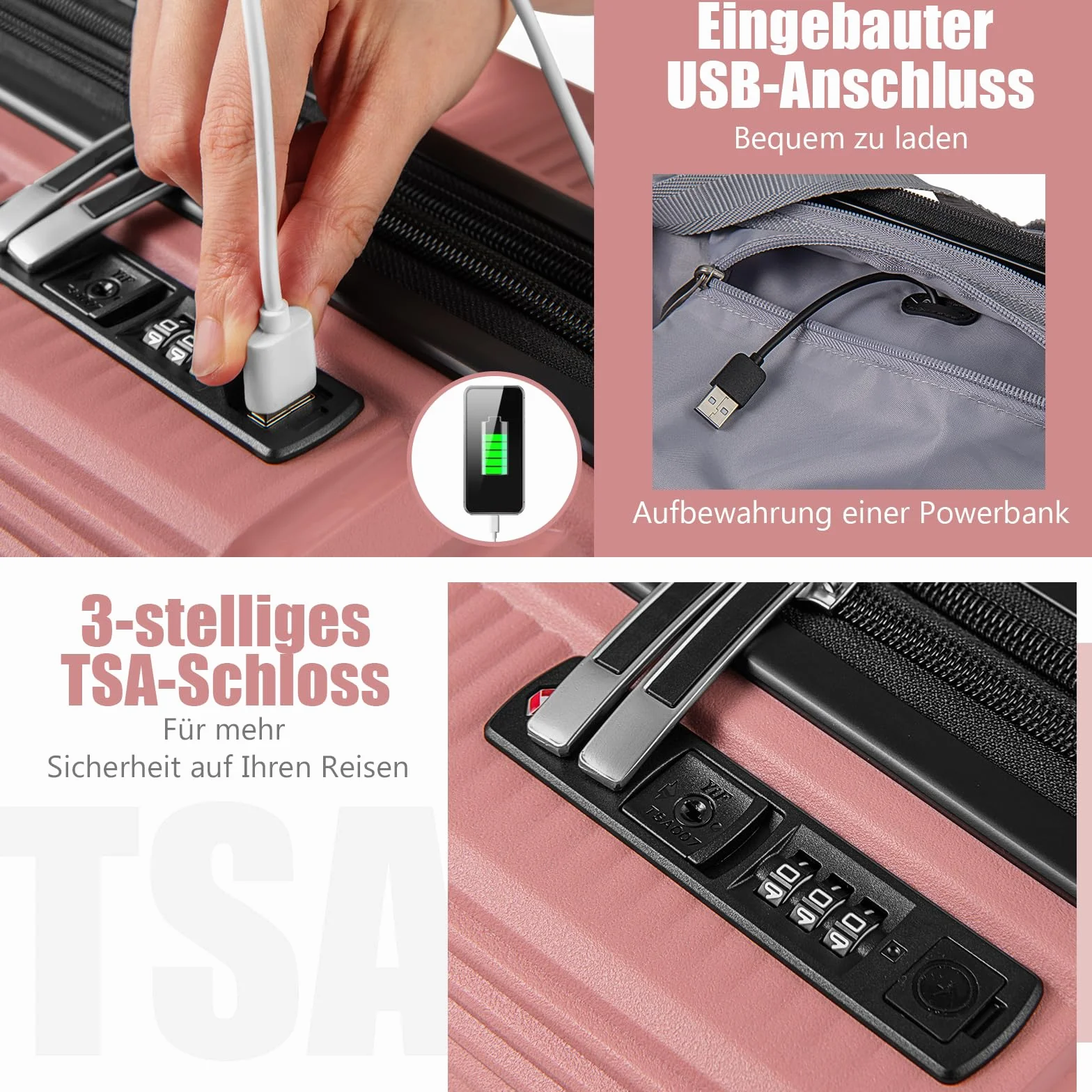 COSTWAY 2-częściowy zestaw bagażu, walizka podręczna o przekątnej 14", z zamkiem TSA, port USB, bagaż na kółkach, 2 sztuki, różowy, 14” + 20", Operacje