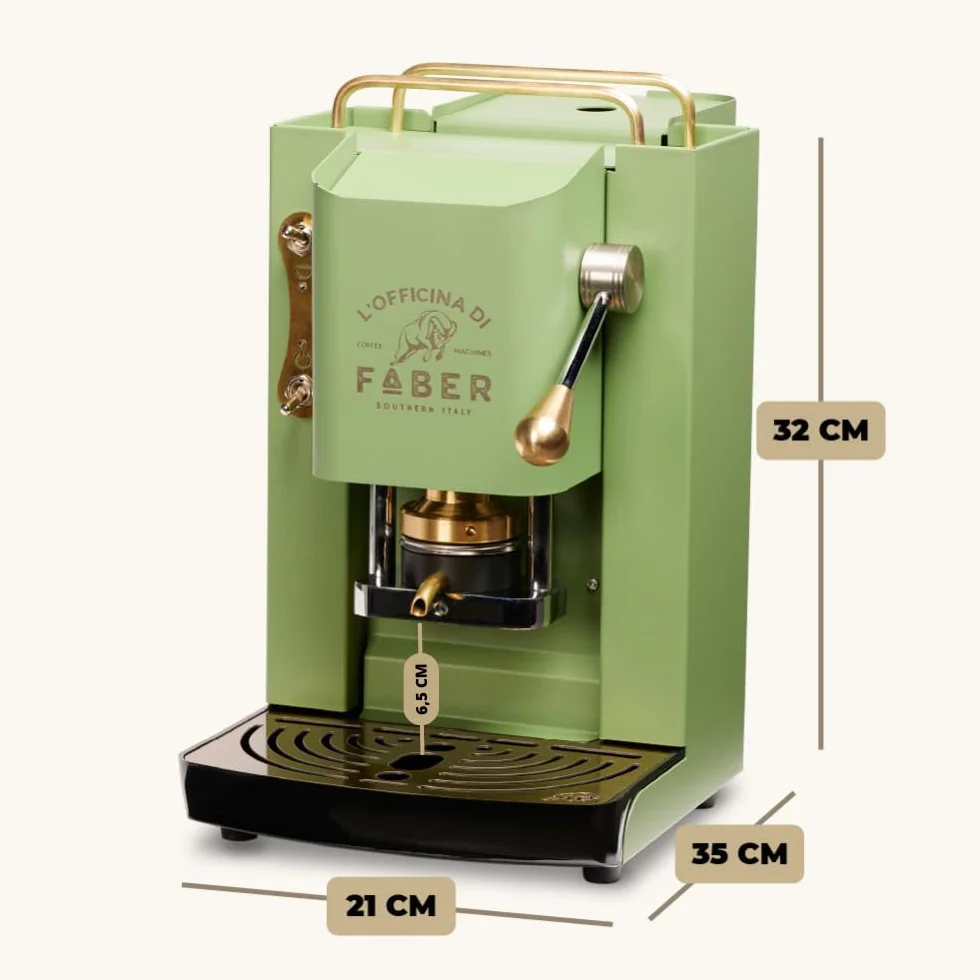 Faber Ekspres do kawy | model Pro Deluxe | Ekspres do kawy ESE 44 mm | wersja powlekana mosiądzem | regulowana prasa do padów z mosiądzu | standardowy zawór elektryczny (neonowa zieleń)