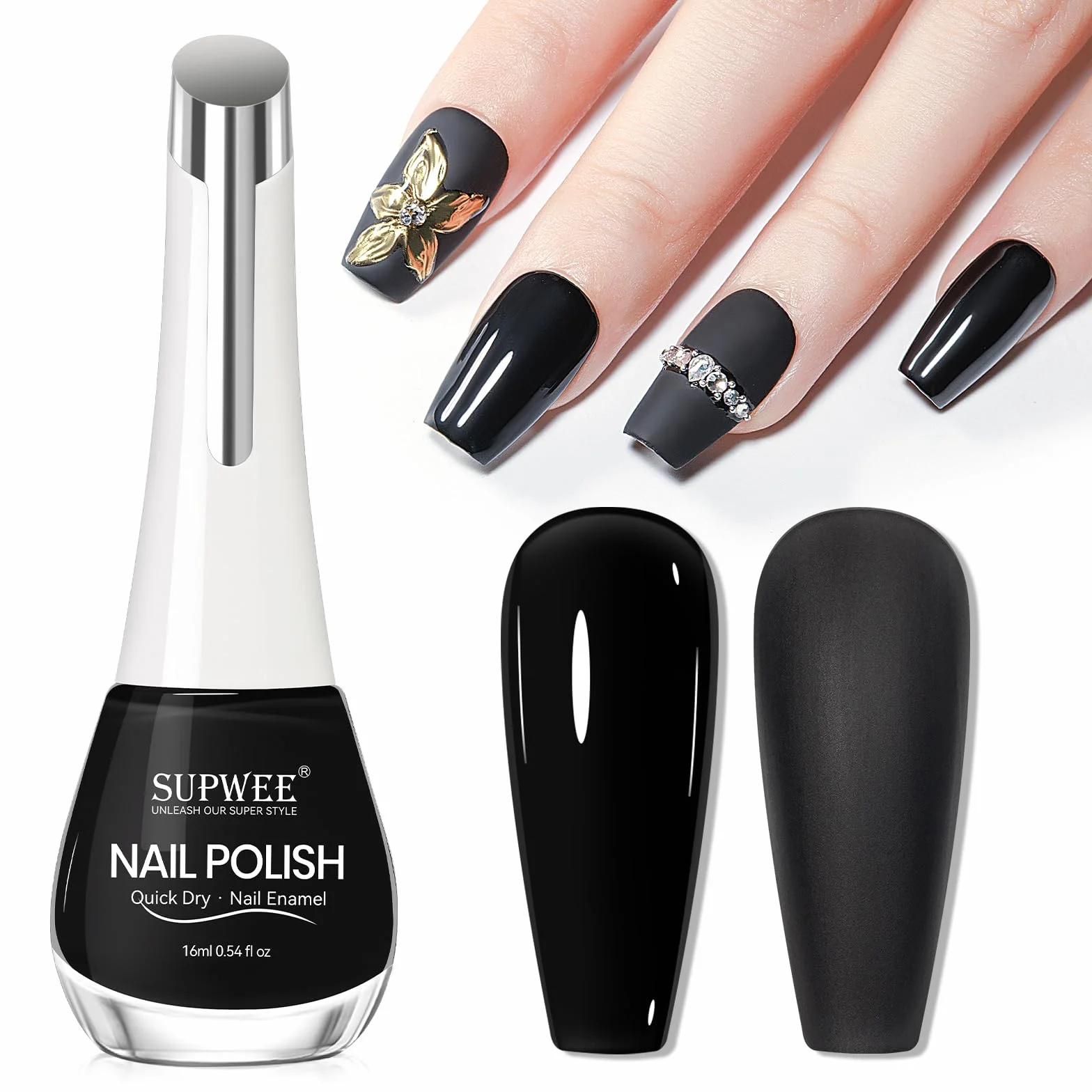 SUPWEE Lakier do paznokci, czarny, 16 ml, szybkoschnący, długo utrzymujący się czarny lakier bez lampy UV Oil Based Black Nail Polish do manicure w domu