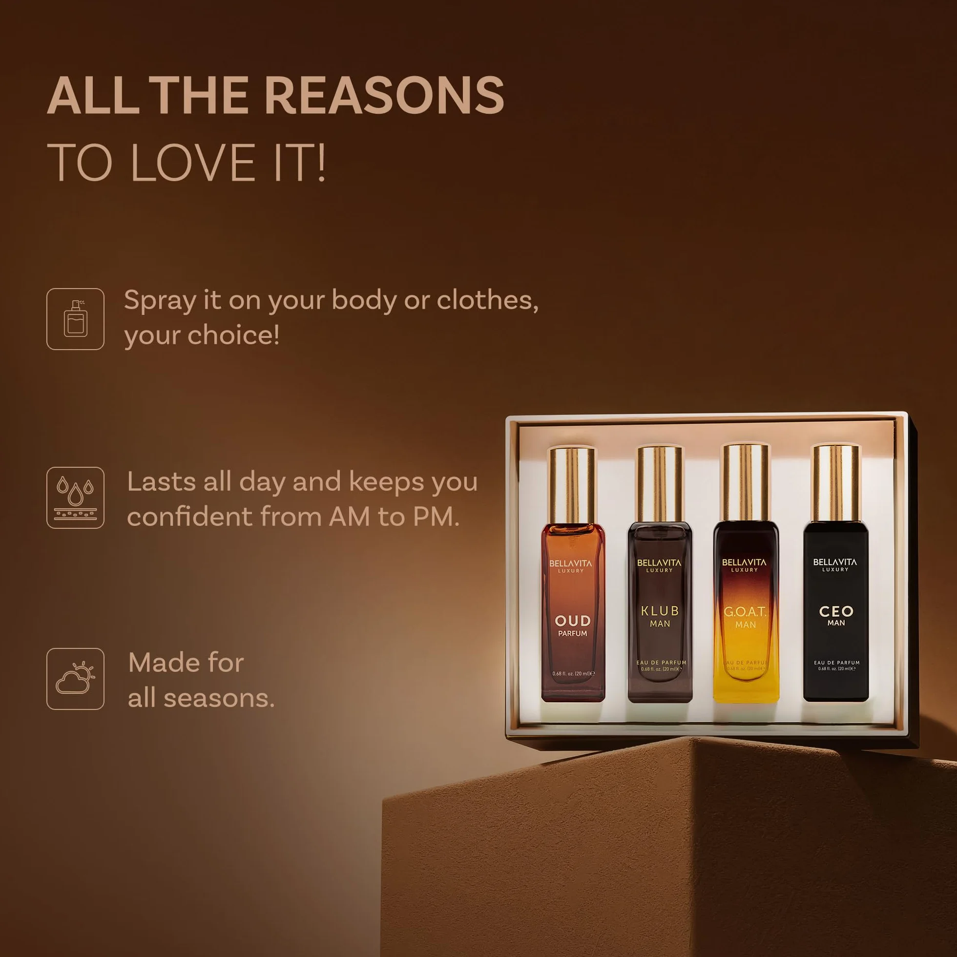 Bella Vita Luxury Długotrwały zestaw upominkowy perfum dla mężczyzn, 4 x 20 ml, prezenty dla mężczyzn, drzewny, cytrusowy, oud, zapach premium | KLUB, OUD, CEO, G.O.A.T