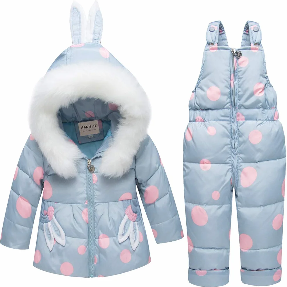 SANMIO Dziewczęca kurtka zimowa, ciepła kurtka zimowa, kurtka puchowa, kombinezon narciarski, słodki kombinezon śniegowy z kapturem + spodnie śniegowe, Down Jacket 2-częściowy zestaw odzieży pogrubione