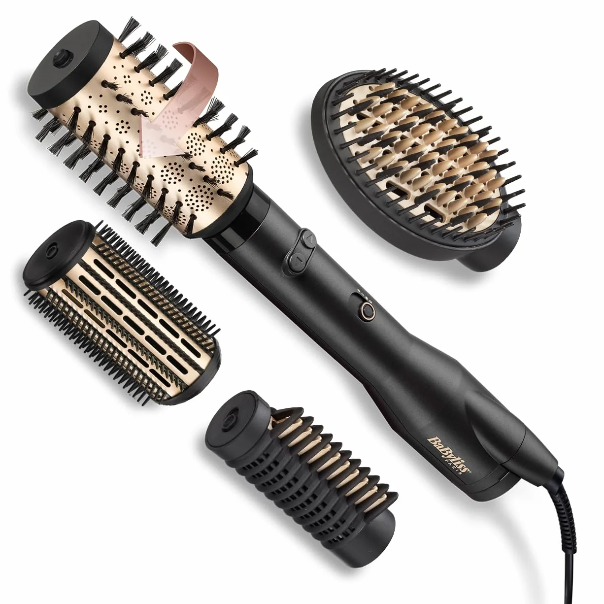 BaByliss Big Hair Luxe Obrotowa szczotka z ciepłym powietrzem, multistyler z 4 końcówkami do wygładzania, szczotkowania, objętości i kształtu, luksusowa szczotka do suszarki do włosów zapewniająca
