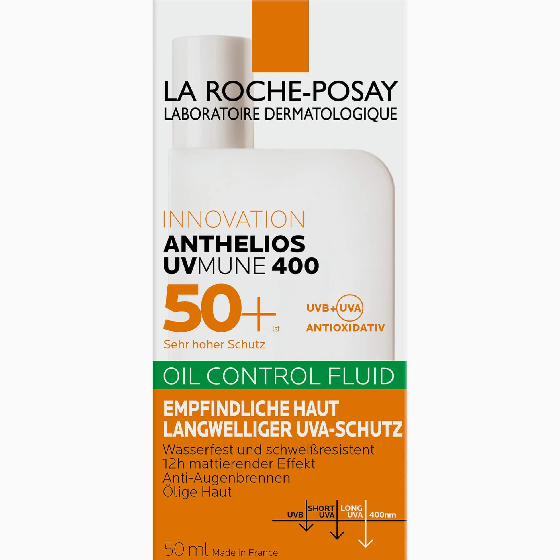 La Roche Posay Invisible Fluid z filtrem przeciwsłonecznym z SPF50+, efekt matujący, 24 godziny, wodoodporny, pot i piasek, formuła z Mexoryl 400, Anthelios UV-MUNE 400 Oil Control, 50 ml
