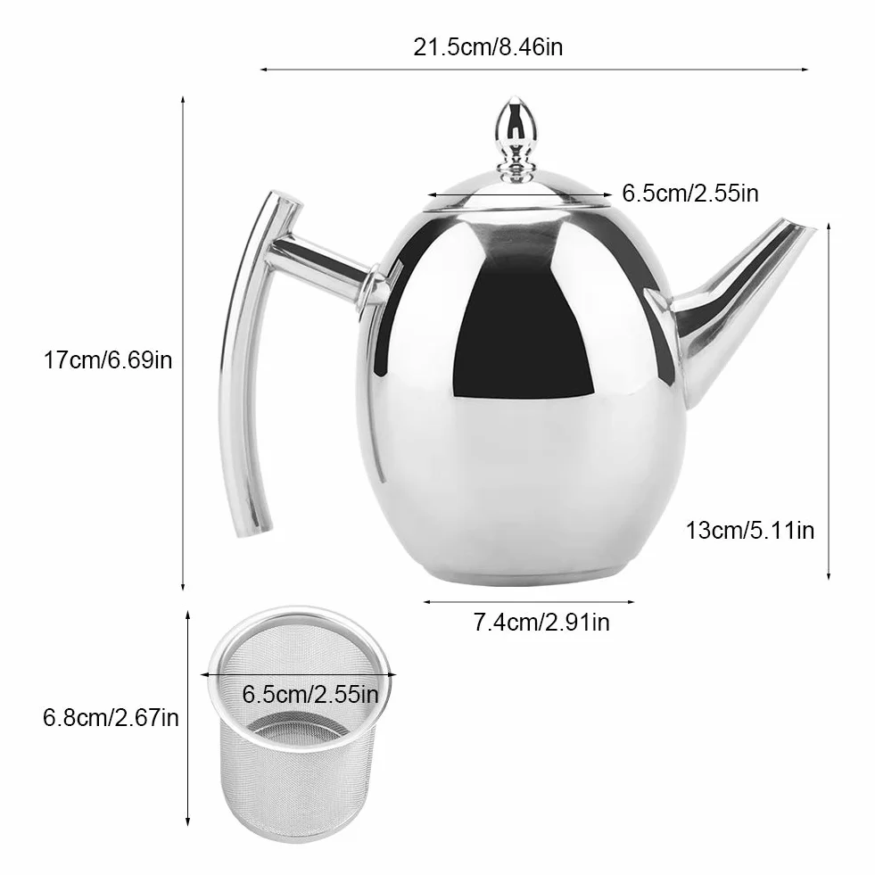 Dzbanek do herbaty 1500 ml, ze stali nierdzewnej, dzbanek do herbaty lub kawy z filtrem, polerowany na wysoki połysk, srebrny dzbanek do kawy w stylu vintage, do domu, herbaciarni, kawiarni, salonu