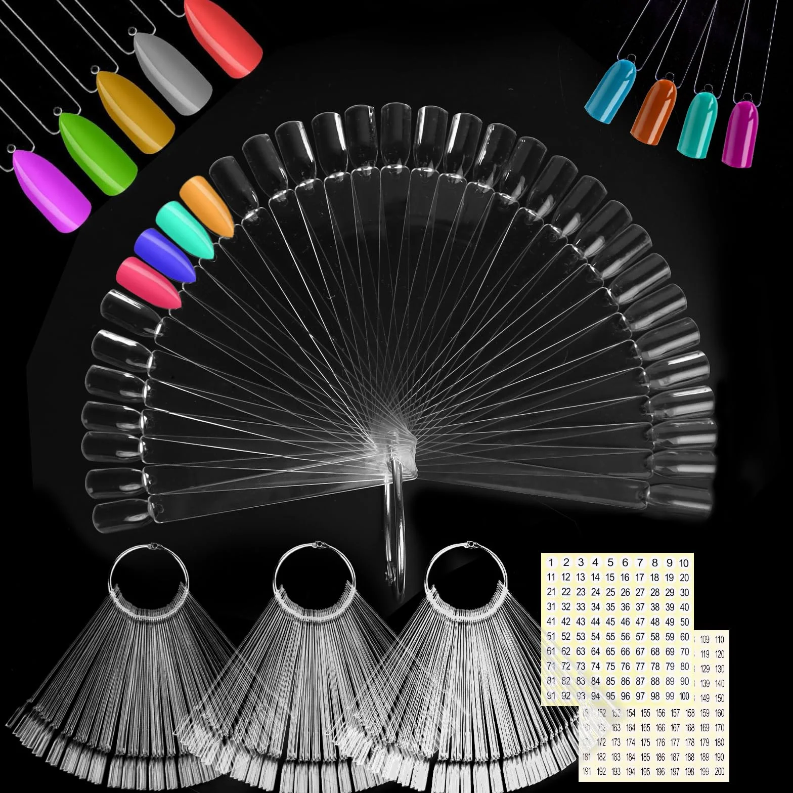 200 sztuk Nail Art Tips Ring Stick Clear Nail Art Tips Display z naklejkami numerycznymi tipsy żelowe akcesoria do ekspozycji i praktyki "zrób to sam" Nail Art Art Art dla początkujących