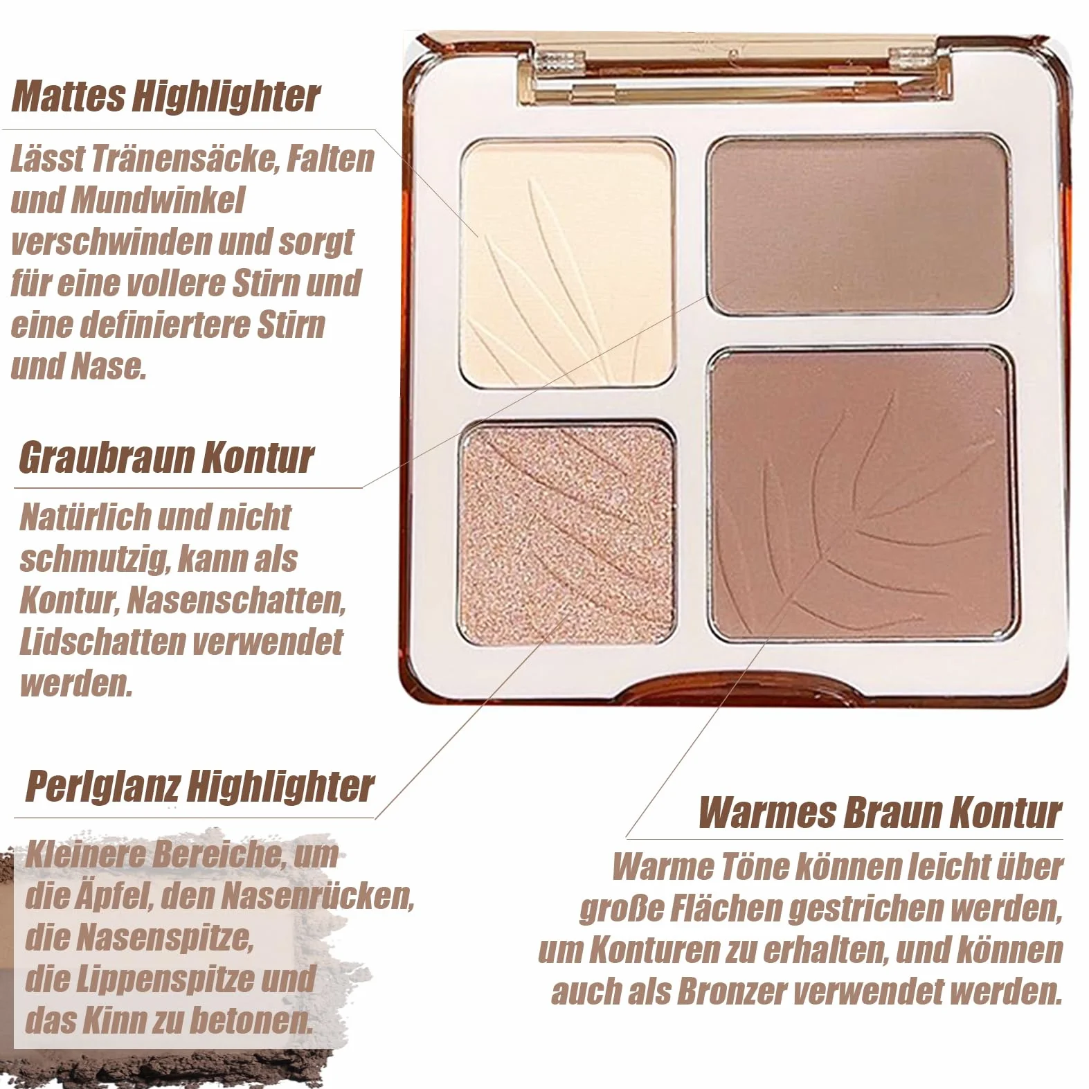 Paleta rozświetlaczy i konturowania 4 kolory matowy bronzer wodoodporna z 2 pędzlami
