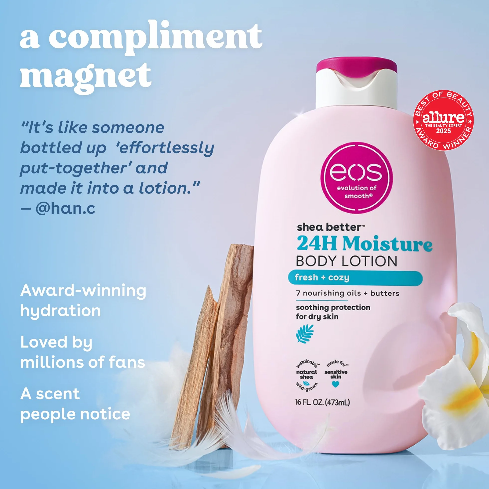 eos Shea Better balsam do ciała - Fresh & Cozy, nawilżający balsam do pielęgnacji skóry 24-godzinnej, lekki i nietłusty, wyprodukowany z naturalnej Shea, wegański, 473 ml