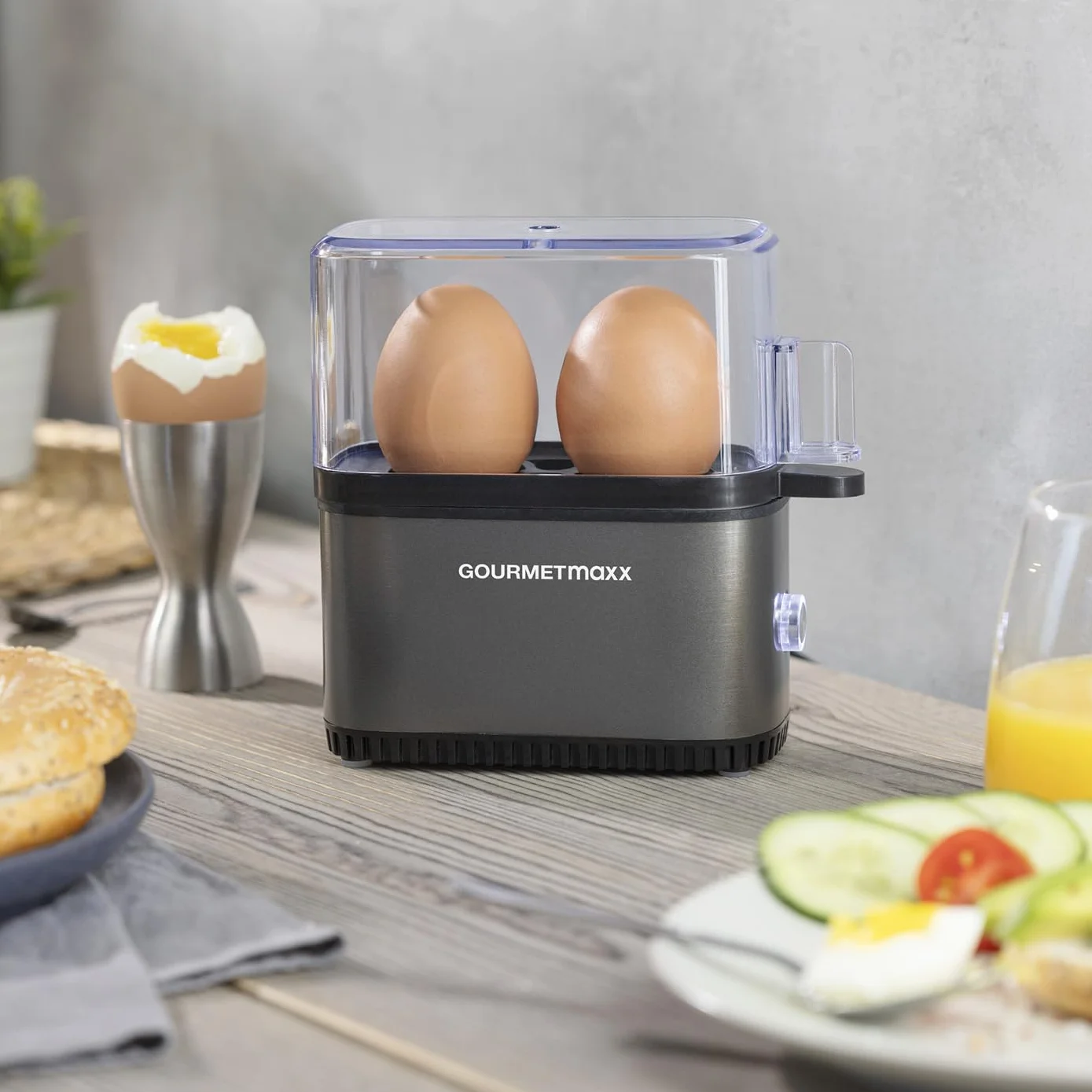 GOURMETmaxx Jajowar na 2 jajka | bojler do jajek z wykrawaczem do jajek w miarce | Egg Cooker – 3 stopnie twardości do kieliszków do jajek | Design mały jajowar – części nadające się do mycia w