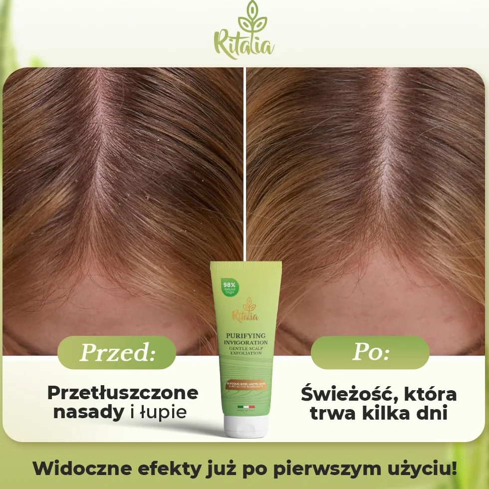 Duże opakowanie 250 ml SCRUB DO SKÓRY GŁOWY Ritalia® Bio BEZ SULFATÓW i PARABENÓW Peeling skóry głowy do włosów tłustych lub suchych Oczyszczający i przywracający równowagę Mikropeeling do skóry głowy