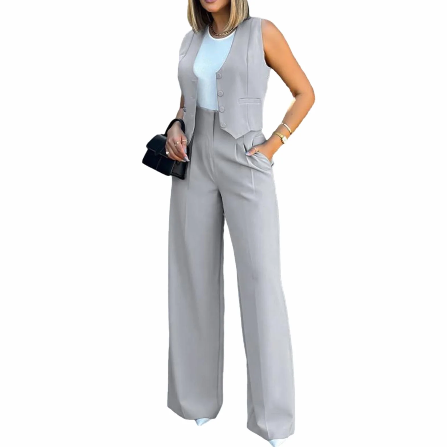 Kamizelka damska garnitur damski spodnie z szerokimi nogawkami z kamizelką bez rękawów jednolity kolor wysoka talia elegancka damska workowate spodnie zestaw casual streetwear