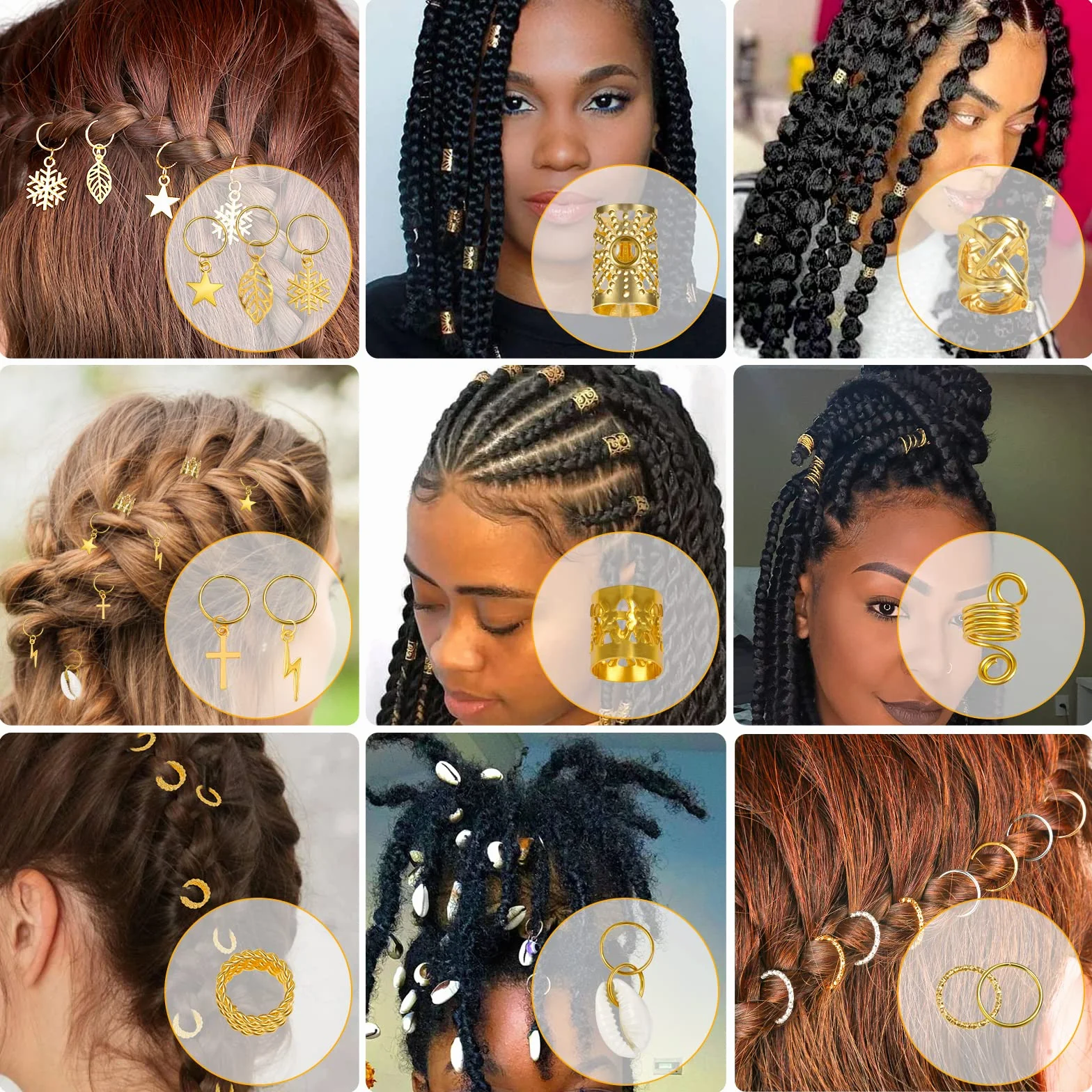 Lucomb 259 sztuk Hair Jewelry for Braids, Loc Jewelry for Hair Dreadlock, Hair Jewelry for Women, Metal Gold Braids Ring Cuffs Cuffs Clip for Dreadlock Accessories Hair Braids Jewelry Decorations