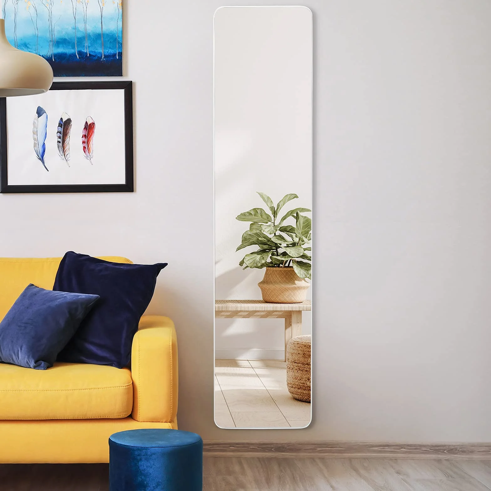 GOPLUS 2 w 1 Lustro Obejmujące Całą Sylwetkę, Duże Lustro Stojące 155 cm × 37 cm z Ramą z Litego Drewna & Haczykami, HD Lustro Ścienne z Ochroną Przed Rozbiciem, Lustro Stojące do Drzwi, Salonu